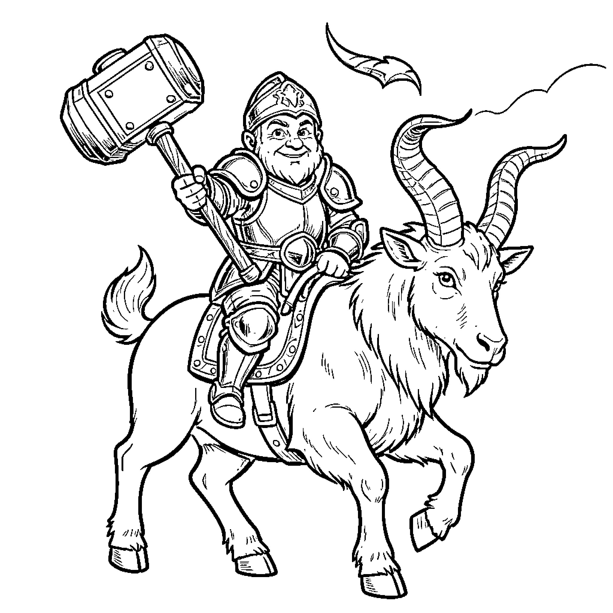 Dwarf warrior riding a goat and wielding a hammer Coloring Page (free black-and-white line drawing printable PDF for all, from beginners to advanced learners, including children, teens, adults, and seniors)