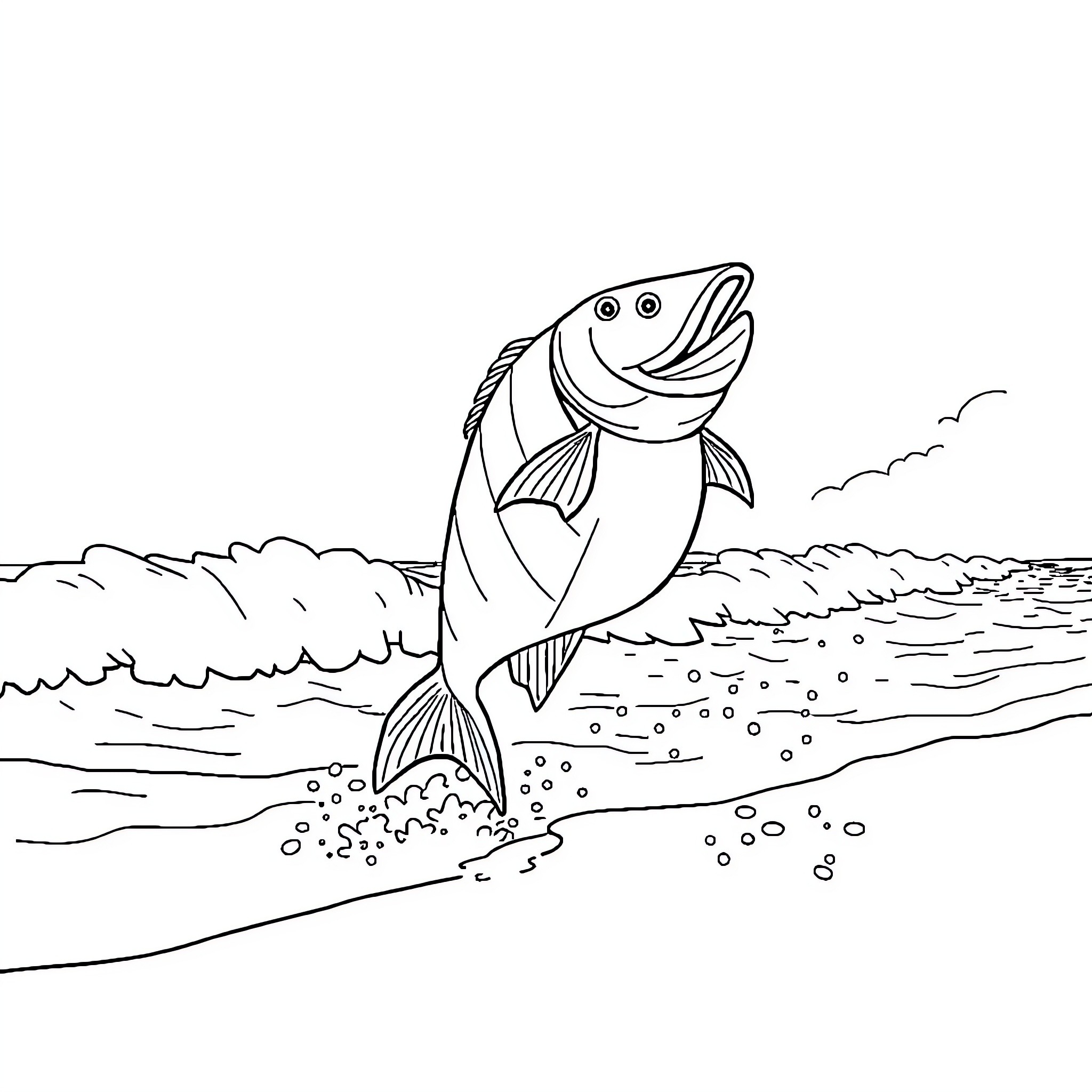 Salamander jumping out of the water Coloring Page (free black-and-white line drawing printable PDF for all, from beginners to advanced learners, including children, teens, adults, and seniors)