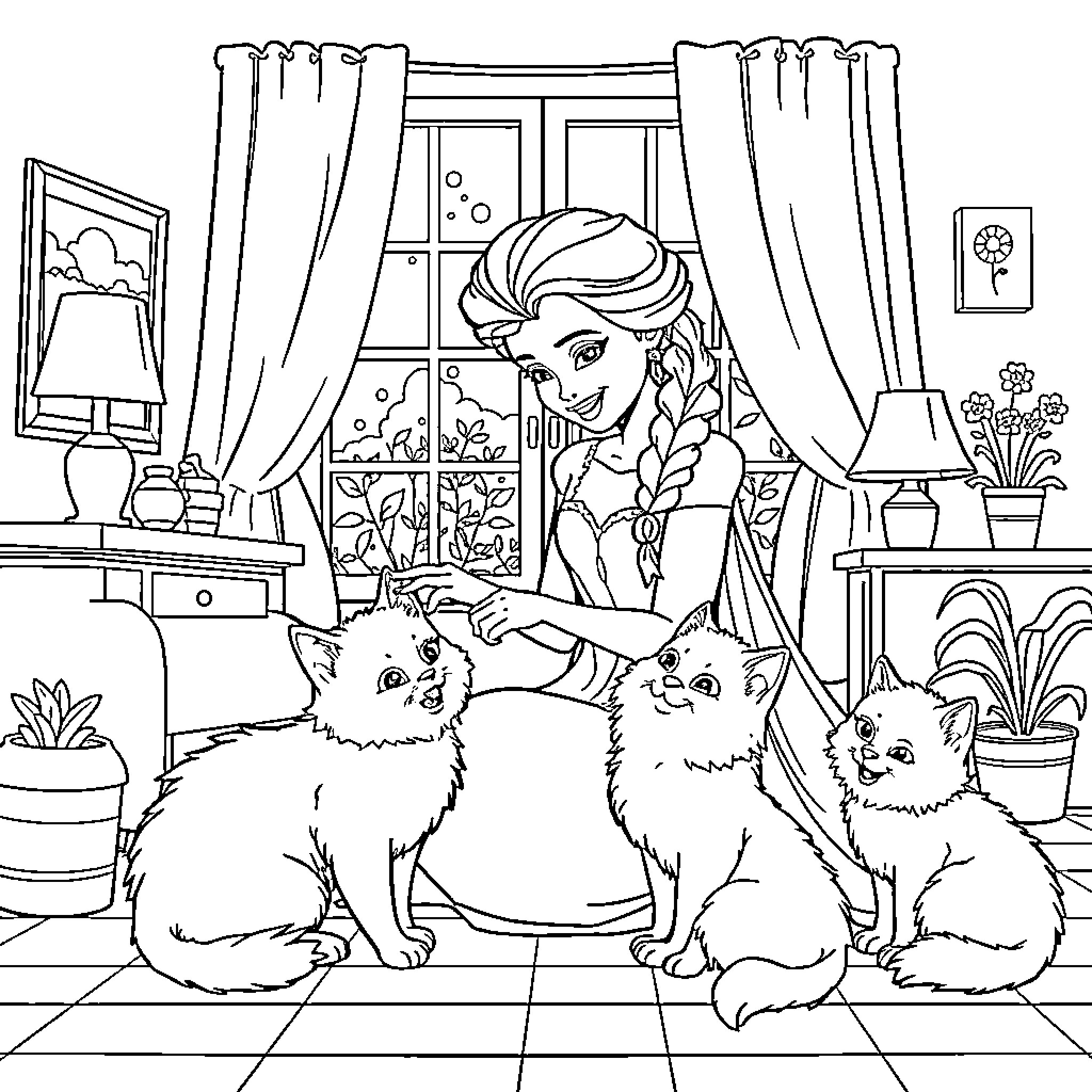 Elsa playing with adorable kittens in her room Coloring Page (free black-and-white line drawing printable PDF for all, from beginners to advanced learners, including children, teens, adults, and seniors)
