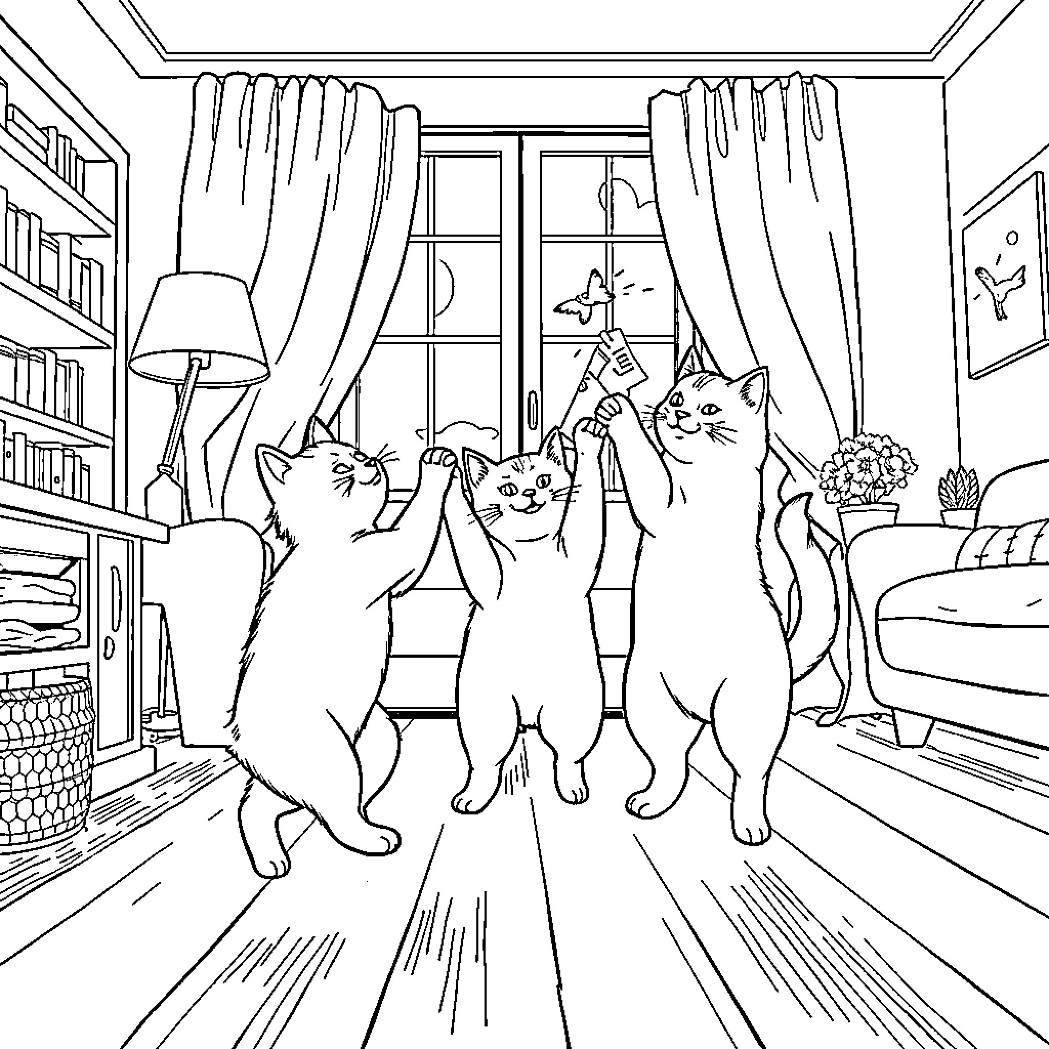 Cats Engaging in Playful Behavior Indoors Coloring Page (free black-and-white line drawing printable PDF for all, from beginners to advanced learners, including children, teens, adults, and seniors)