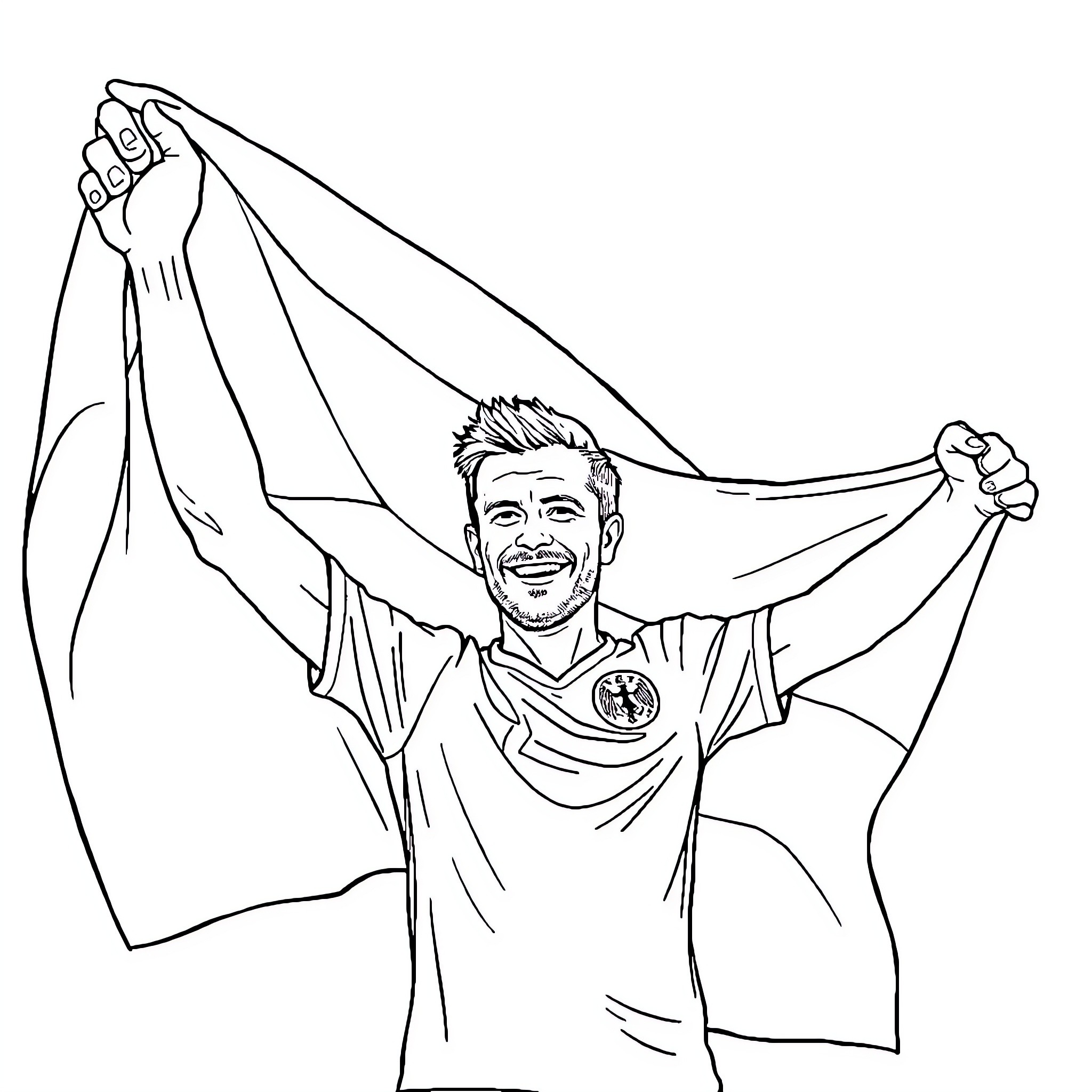 David Beckham celebrating victory with national flag Coloring Page (free black-and-white line drawing printable PDF for all, from beginners to advanced learners, including children, teens, adults, and seniors)