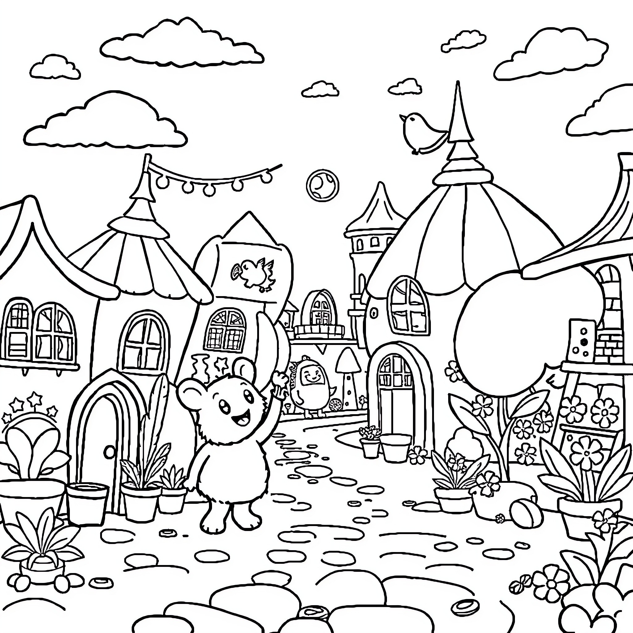 Toca Life: Charming Circus Town Exploration Coloring Page (free black-and-white line drawing printable PDF for all, from beginners to advanced learners, including children, teens, adults, and seniors)