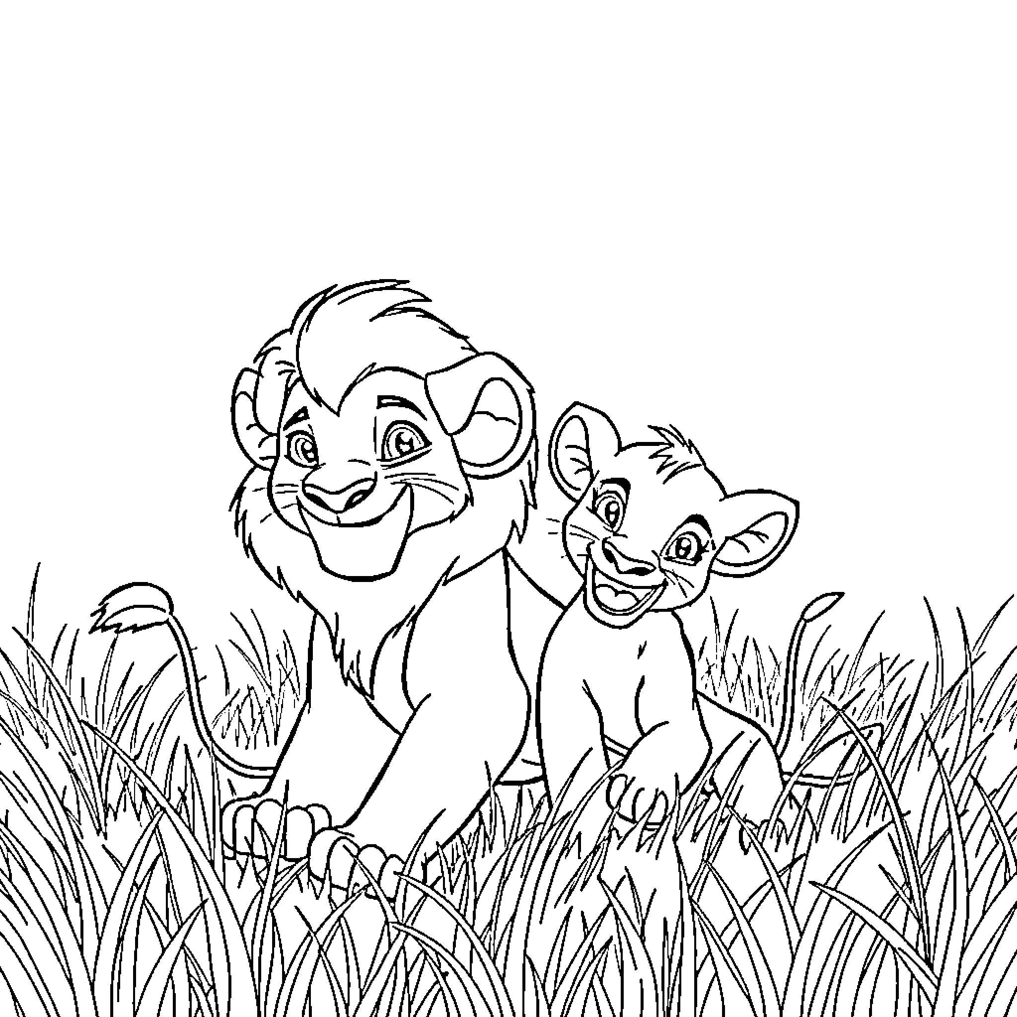 Simba and Nala enjoying the grasslands Coloring Page (free black-and-white line drawing printable PDF for all, from beginners to advanced learners, including children, teens, adults, and seniors)