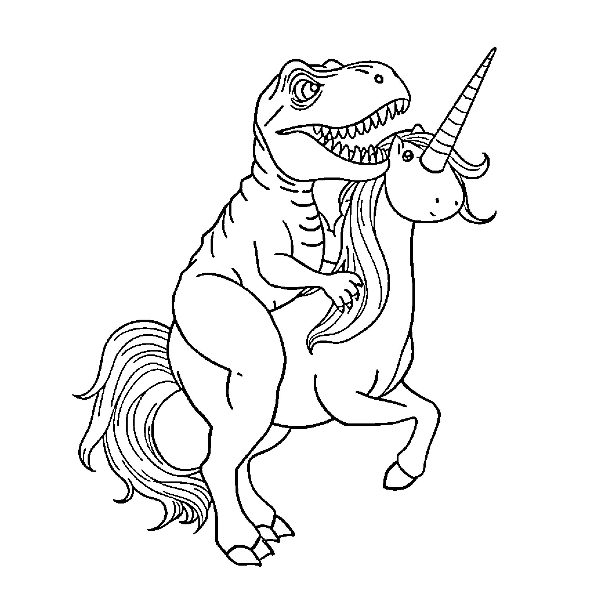 T-Rex riding a unicorn Coloring Page (free black-and-white line drawing printable PDF for all, from beginners to advanced learners, including children, teens, adults, and seniors)