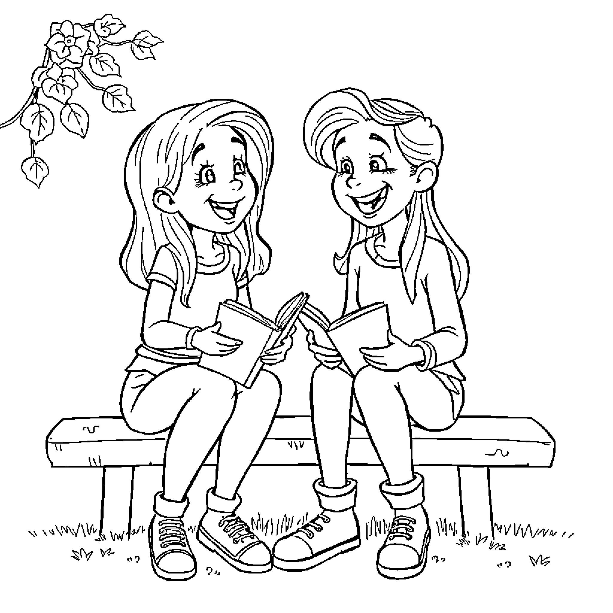 Gaby's Joyful Friendship: Sharing Stories on the Bench Coloring Page (free black-and-white line drawing printable PDF for all, from beginners to advanced learners, including children, teens, adults, and seniors)