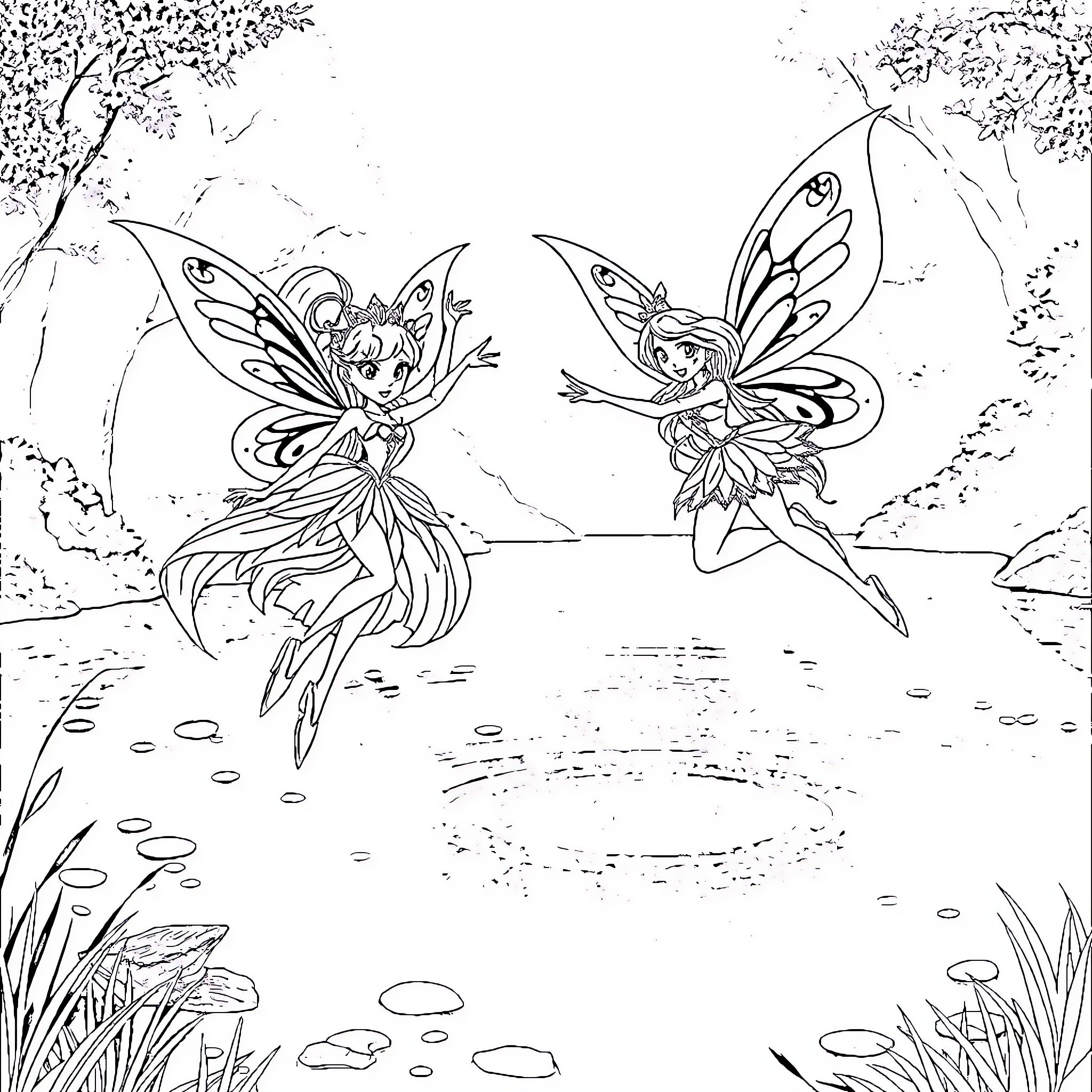 Bloom of Fantastical Fairy Figures in Woodland Scene Coloring Page (free black-and-white line drawing printable PDF for all, from beginners to advanced learners, including children, teens, adults, and seniors)