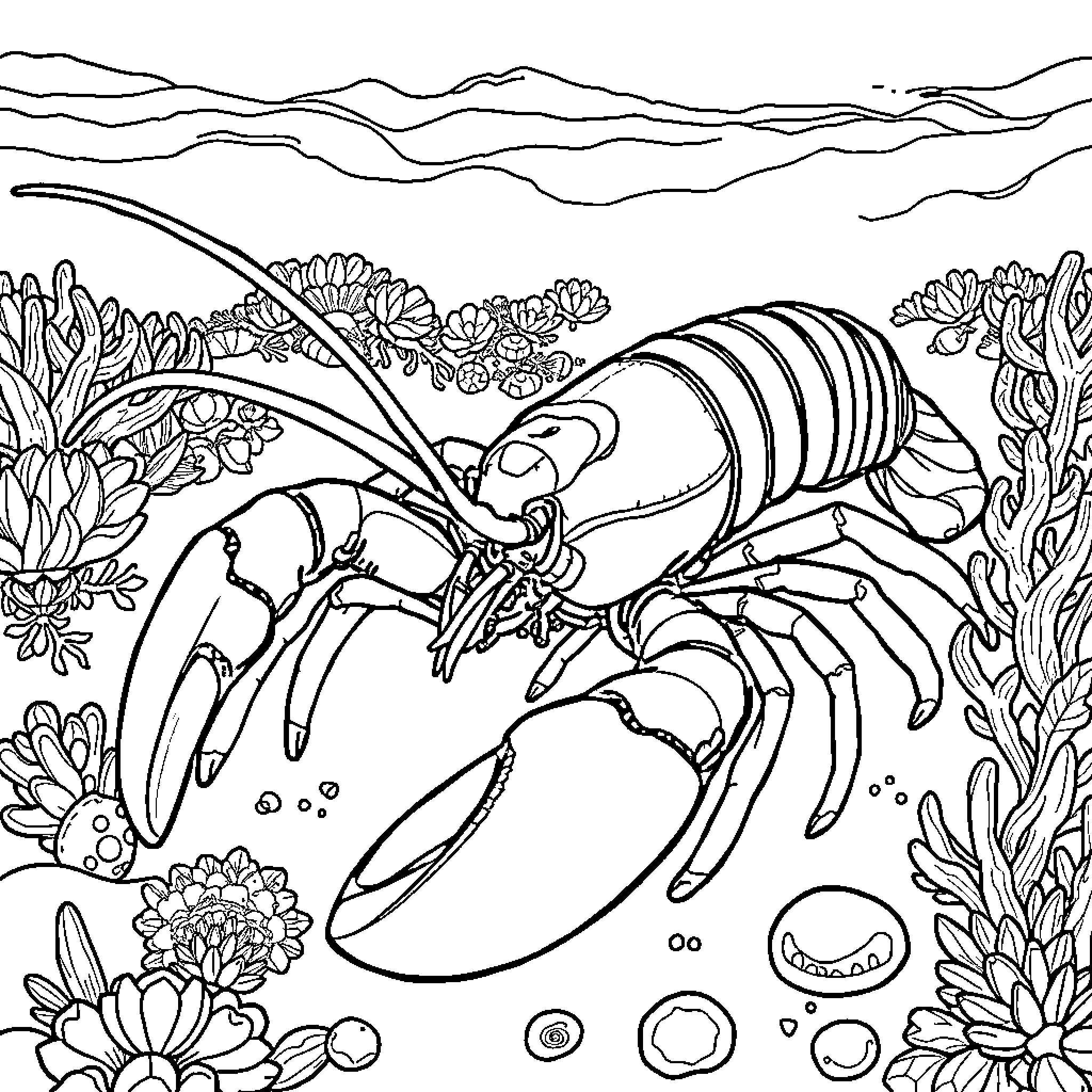 Lobster in a Vibrant Aquatic Garden Coloring Page (free black-and-white line drawing printable PDF for all, from beginners to advanced learners, including children, teens, adults, and seniors)