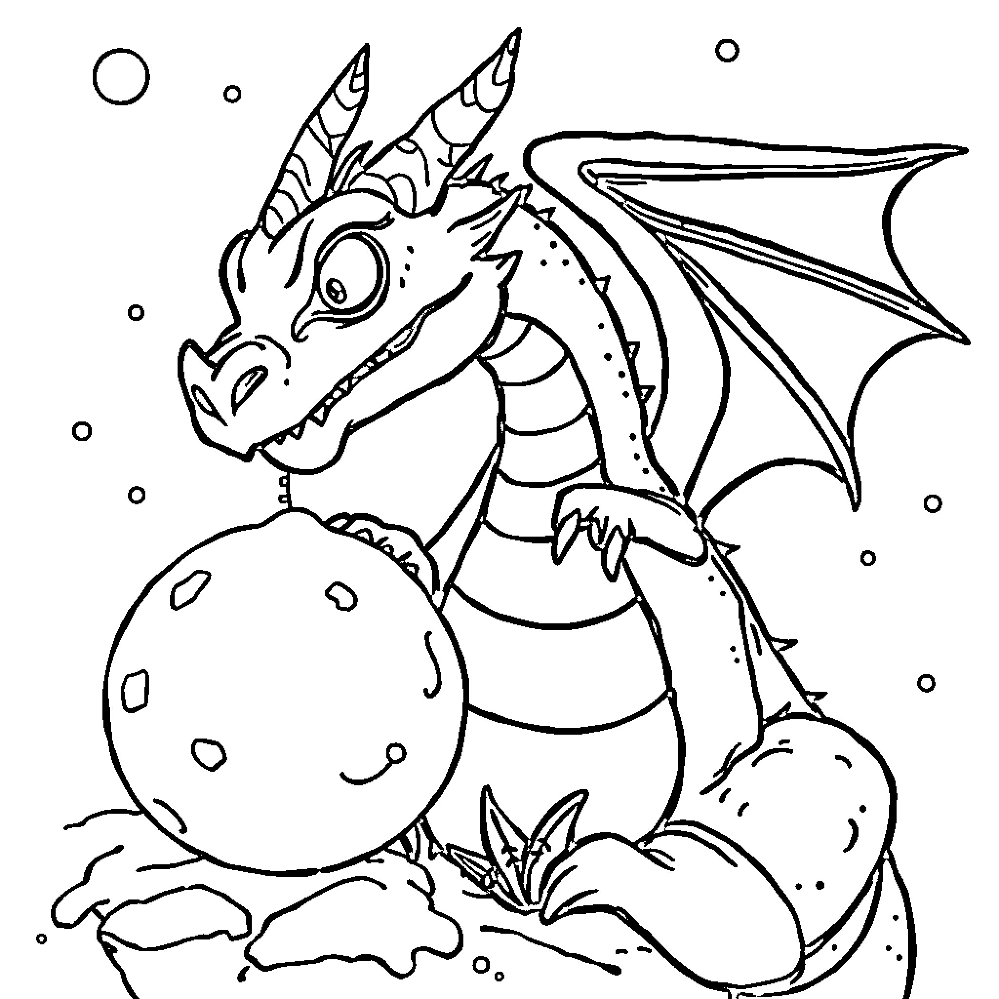 Krokmou the Friendly Dragon Playing with Toys Coloring Page (free black-and-white line drawing printable PDF for all, from beginners to advanced learners, including children, teens, adults, and seniors)