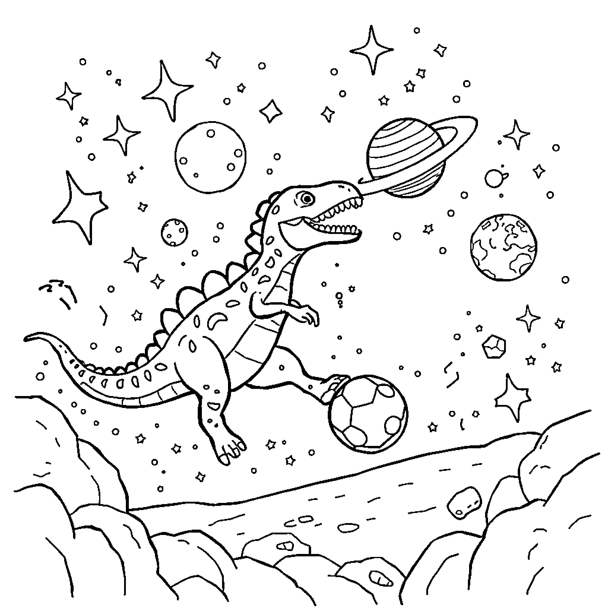 Dinosaur playing with celestial objects in the cosmos Coloring Page (free black-and-white line drawing printable PDF for all, from beginners to advanced learners, including children, teens, adults, and seniors)