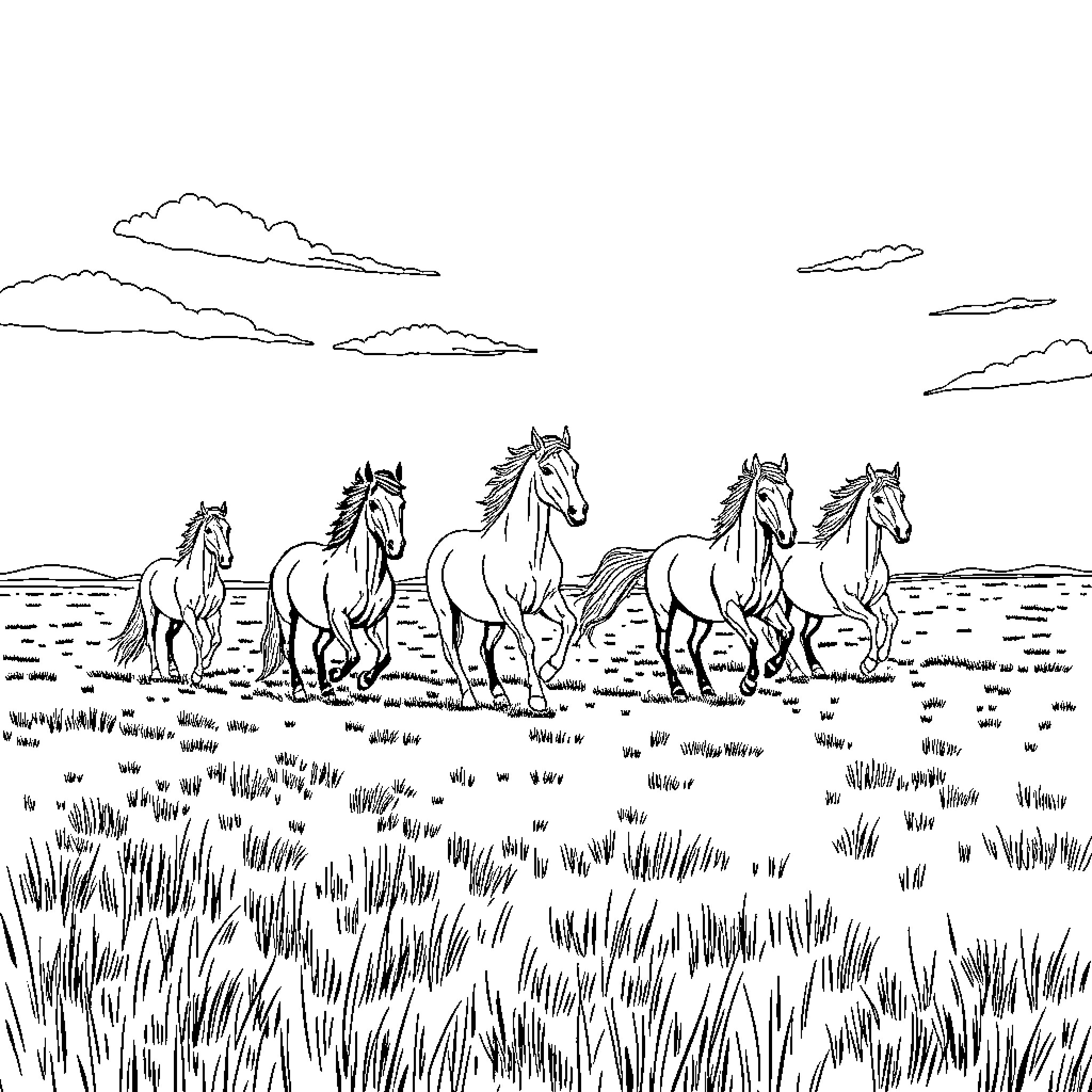 Horse herd galloping through the meadow Coloring Page (free black-and-white line drawing printable PDF for all, from beginners to advanced learners, including children, teens, adults, and seniors)