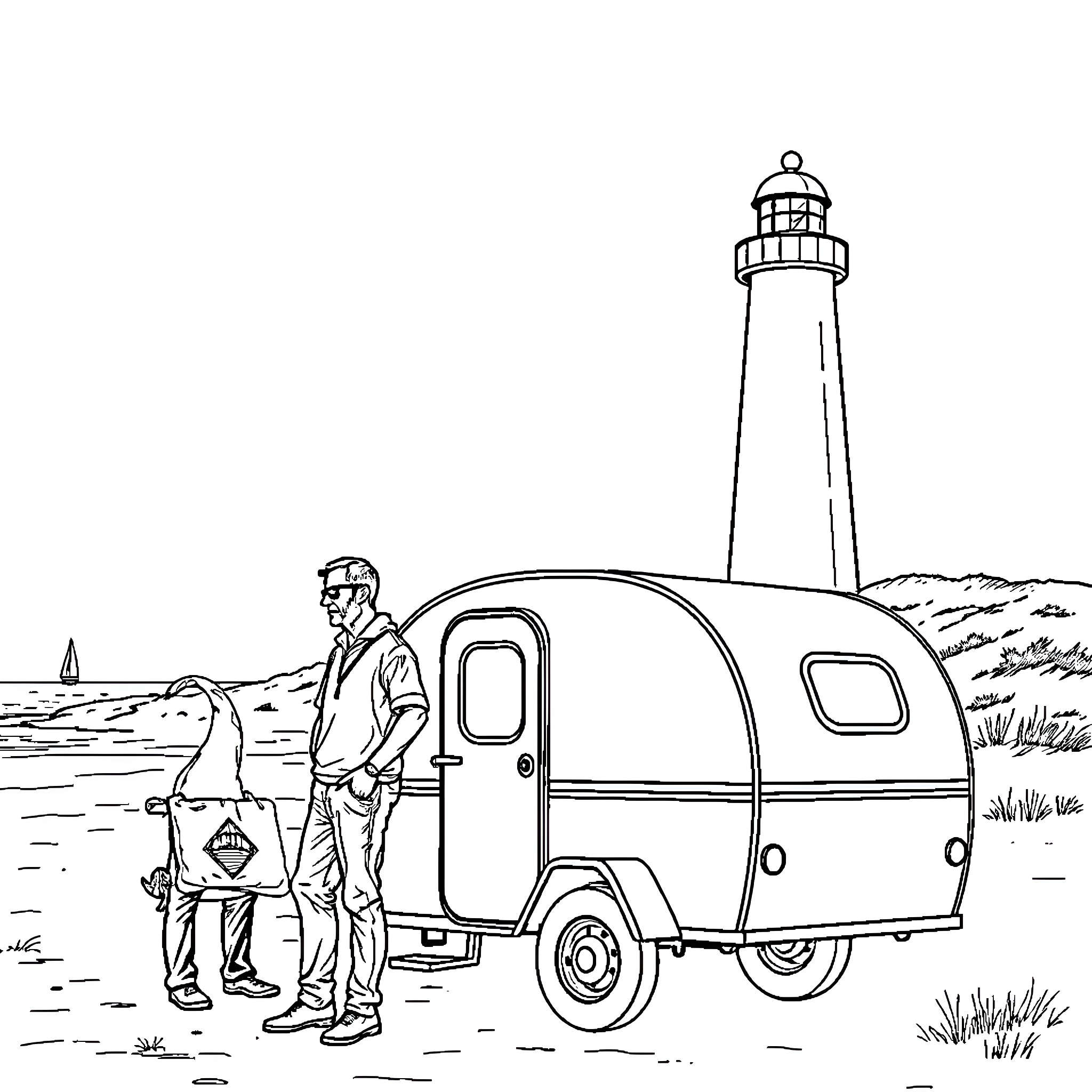 Man Camping Near Lighthouse in Vintage Trailer Coloring Page (free black-and-white line drawing printable PDF for all, from beginners to advanced learners, including children, teens, adults, and seniors)