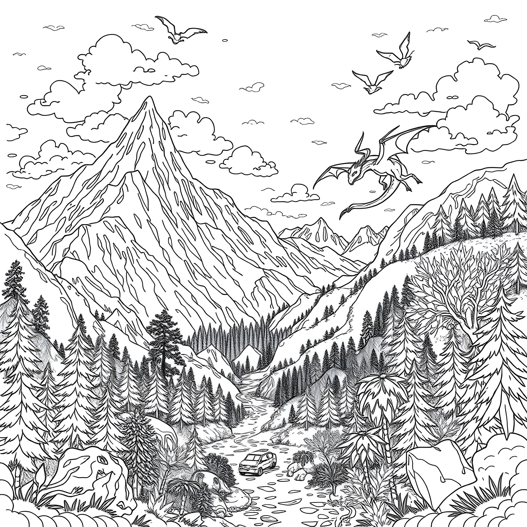 Dragons soaring over the majestic mountain landscape Coloring Page (free black-and-white line drawing printable PDF for all, from beginners to advanced learners, including children, teens, adults, and seniors)