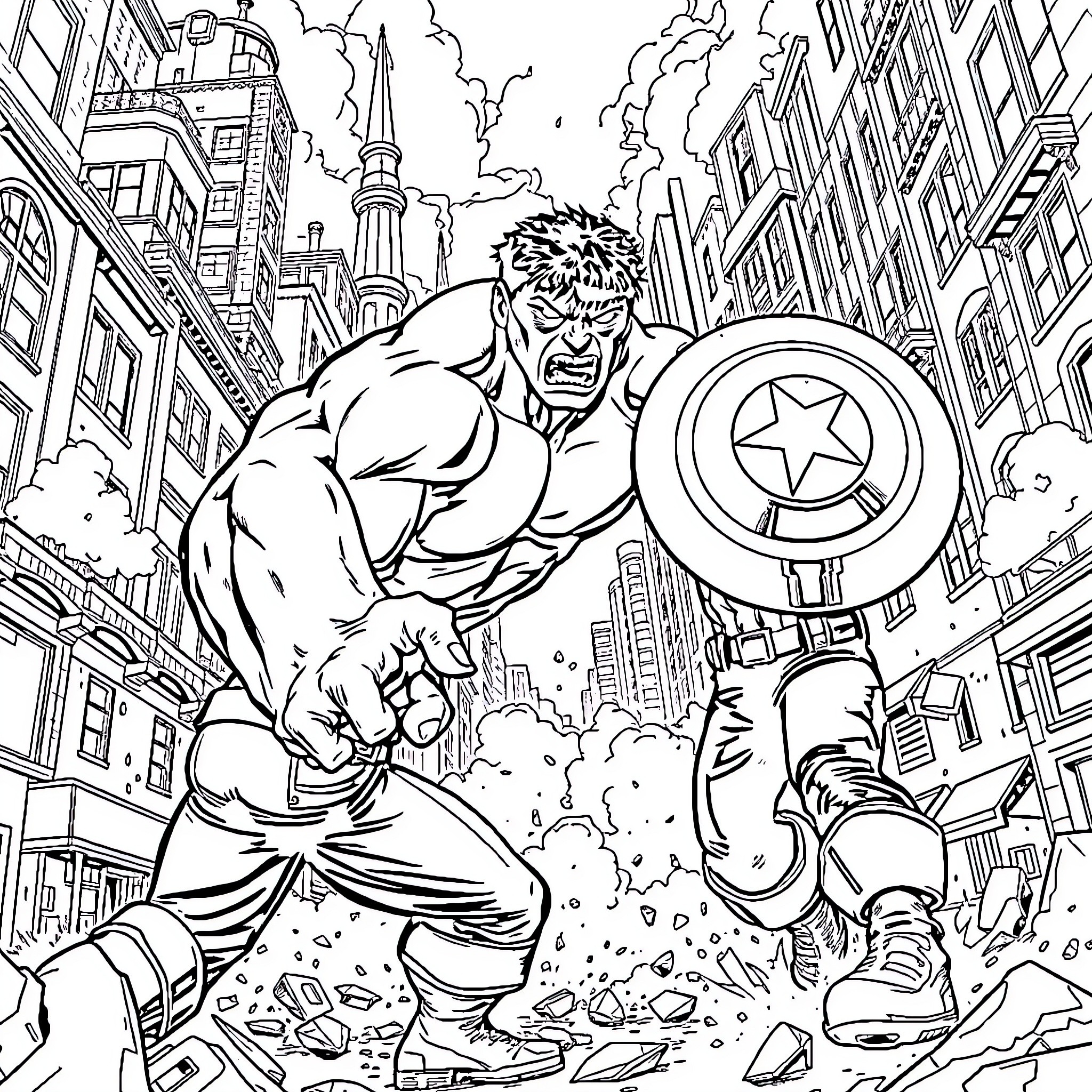 Hulk unleashes destruction in the city Coloring Page (free black-and-white line drawing printable PDF for all, from beginners to advanced learners, including children, teens, adults, and seniors)