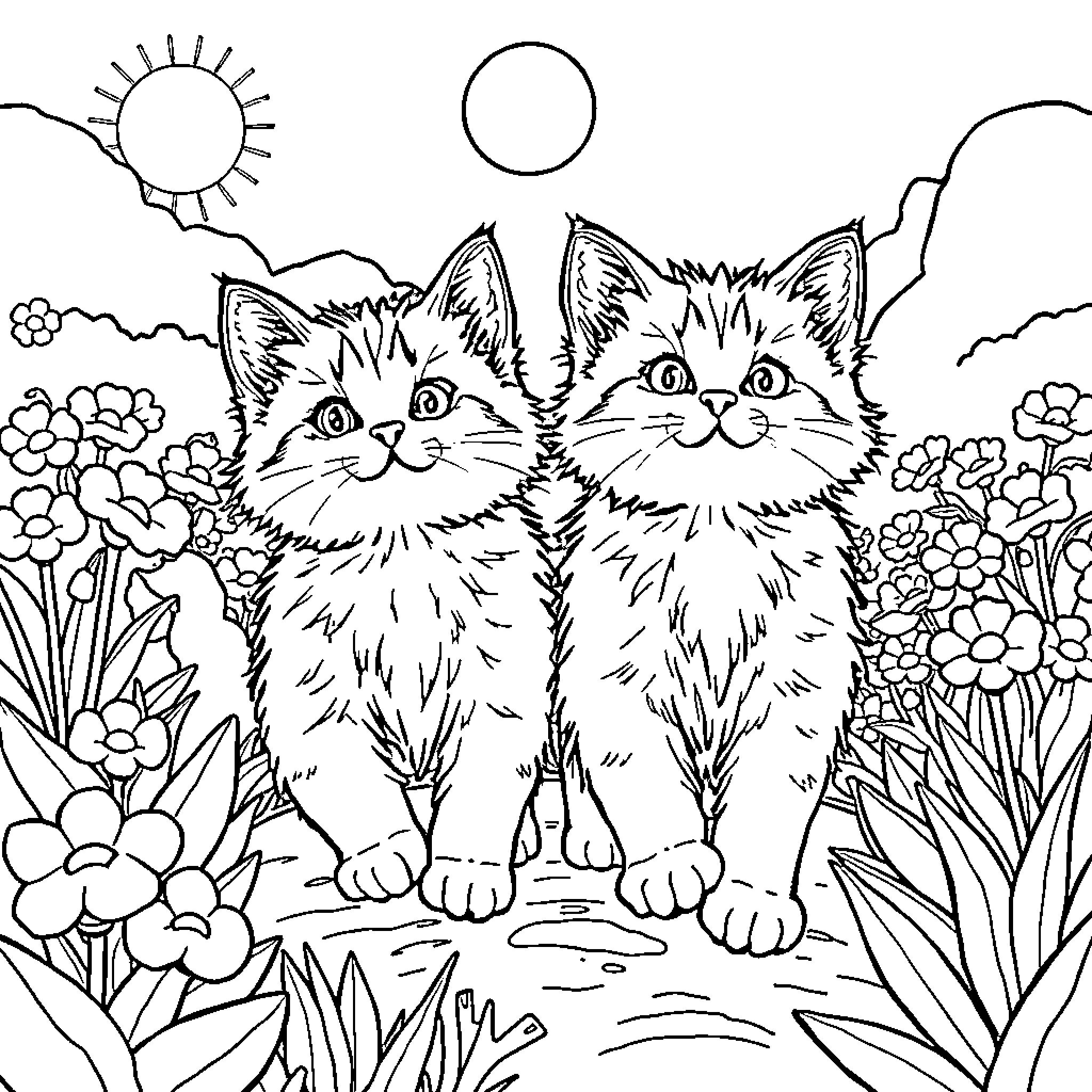 Cats in a flower garden Coloring Page (free black-and-white line drawing printable PDF for all, from beginners to advanced learners, including children, teens, adults, and seniors)