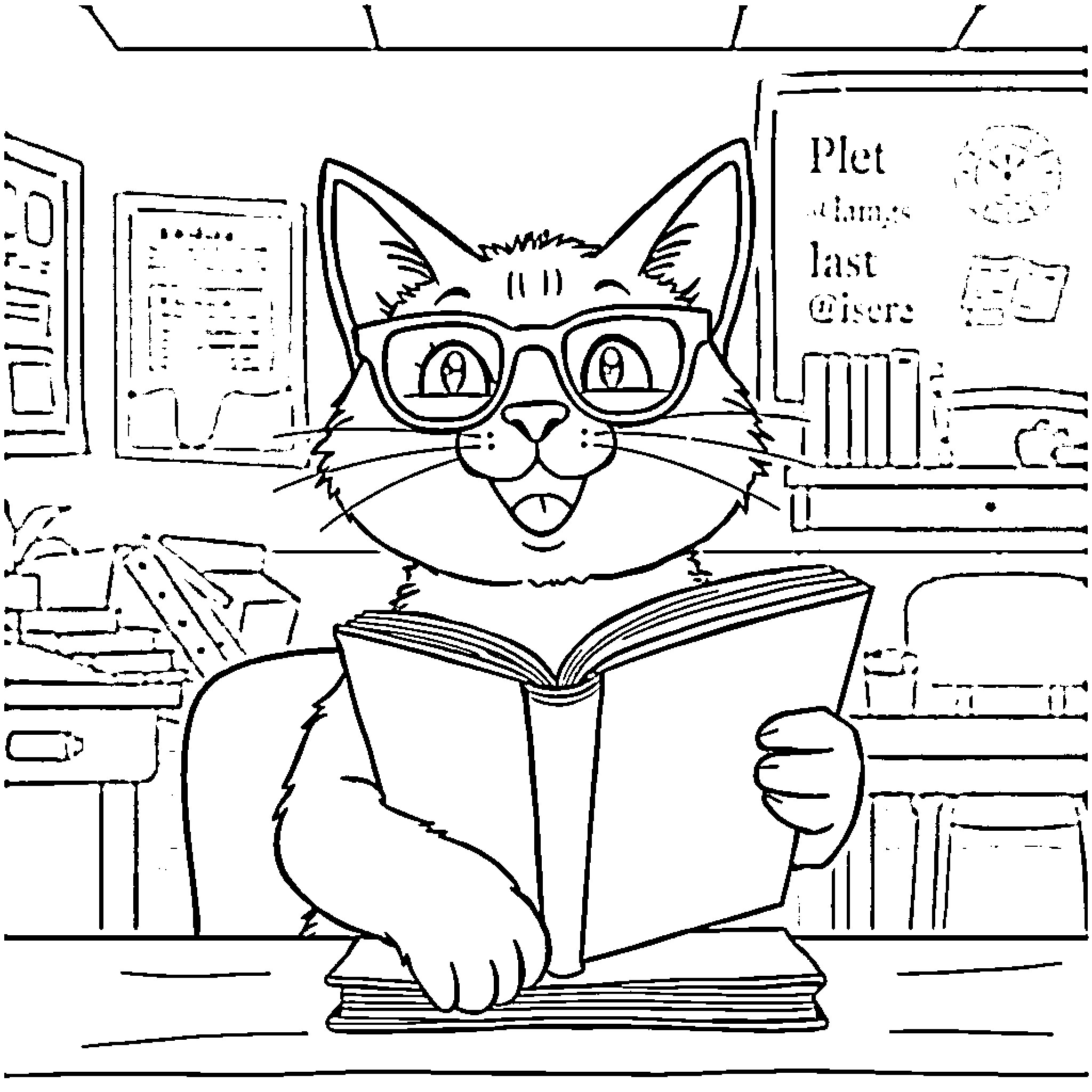 Cat reading book in library Coloring Page (free black-and-white line drawing printable PDF for all, from beginners to advanced learners, including children, teens, adults, and seniors)