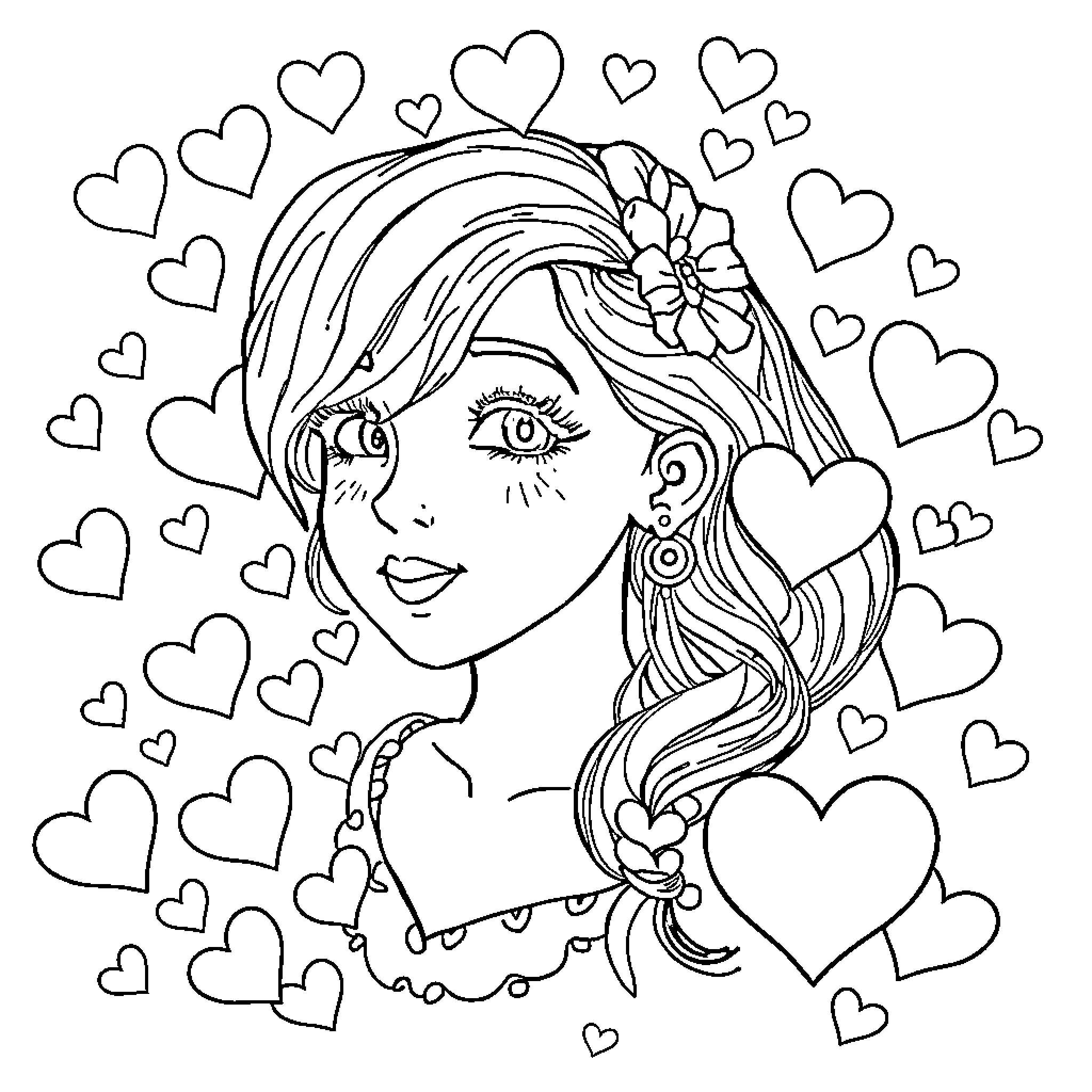 Anéa's Lovely Hearts and Flowers Coloring Page (free black-and-white line drawing printable PDF for all, from beginners to advanced learners, including children, teens, adults, and seniors)
