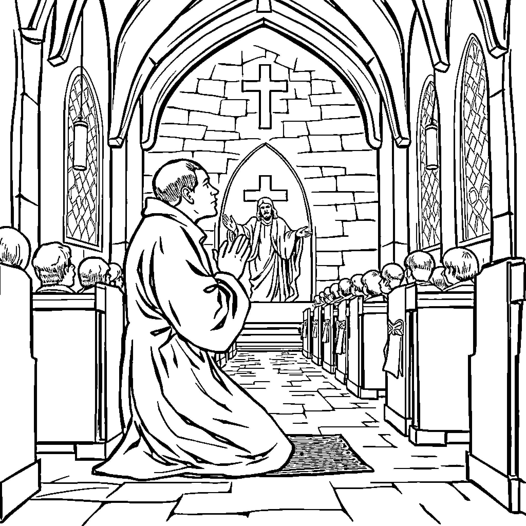 Martin Luther Praying in a Gothic Cathedral Coloring Page (free black-and-white line drawing printable PDF for all, from beginners to advanced learners, including children, teens, adults, and seniors)