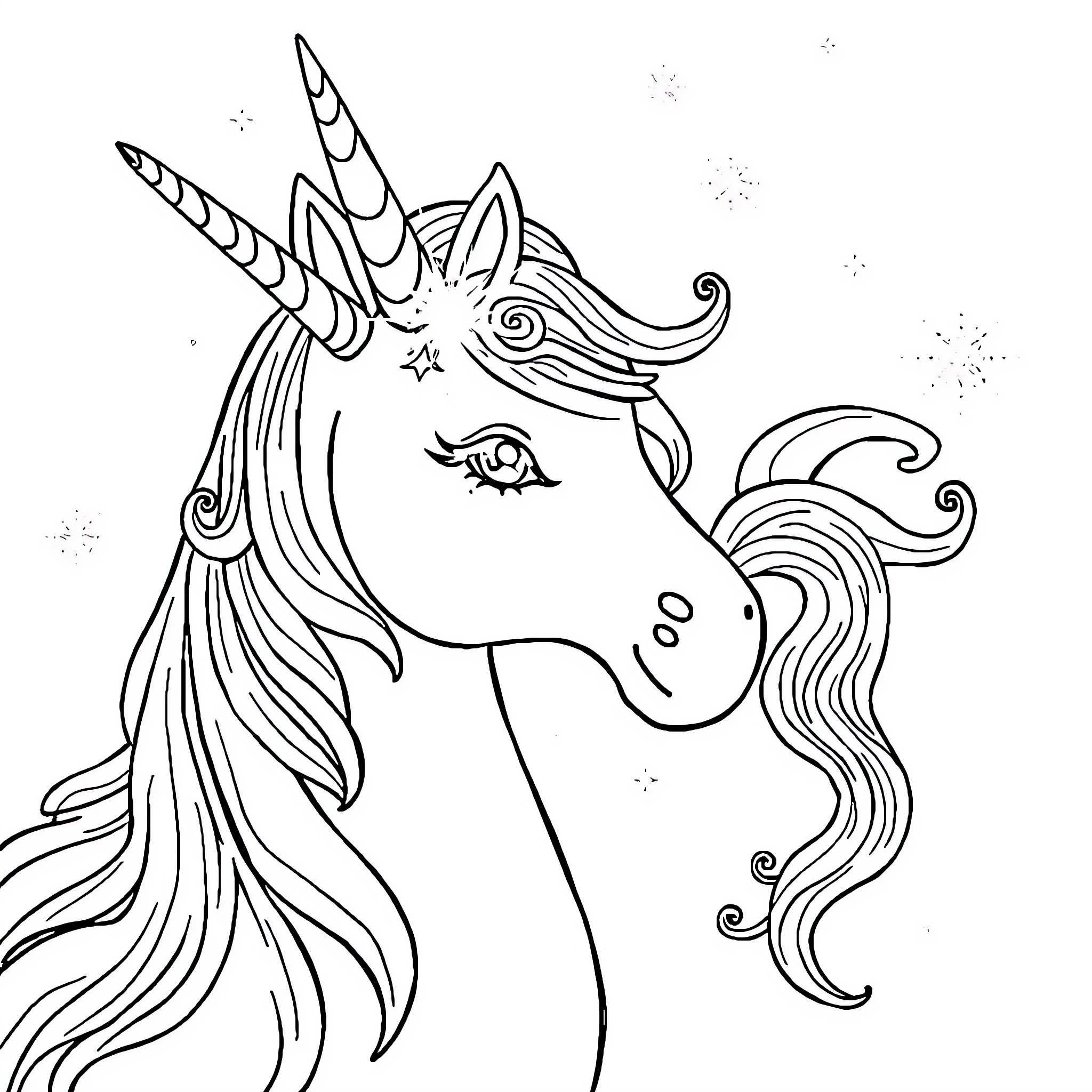 Unicorn with flowing mane and horn gazing into the distance Coloring Page (free black-and-white line drawing printable PDF for all, from beginners to advanced learners, including children, teens, adults, and seniors)