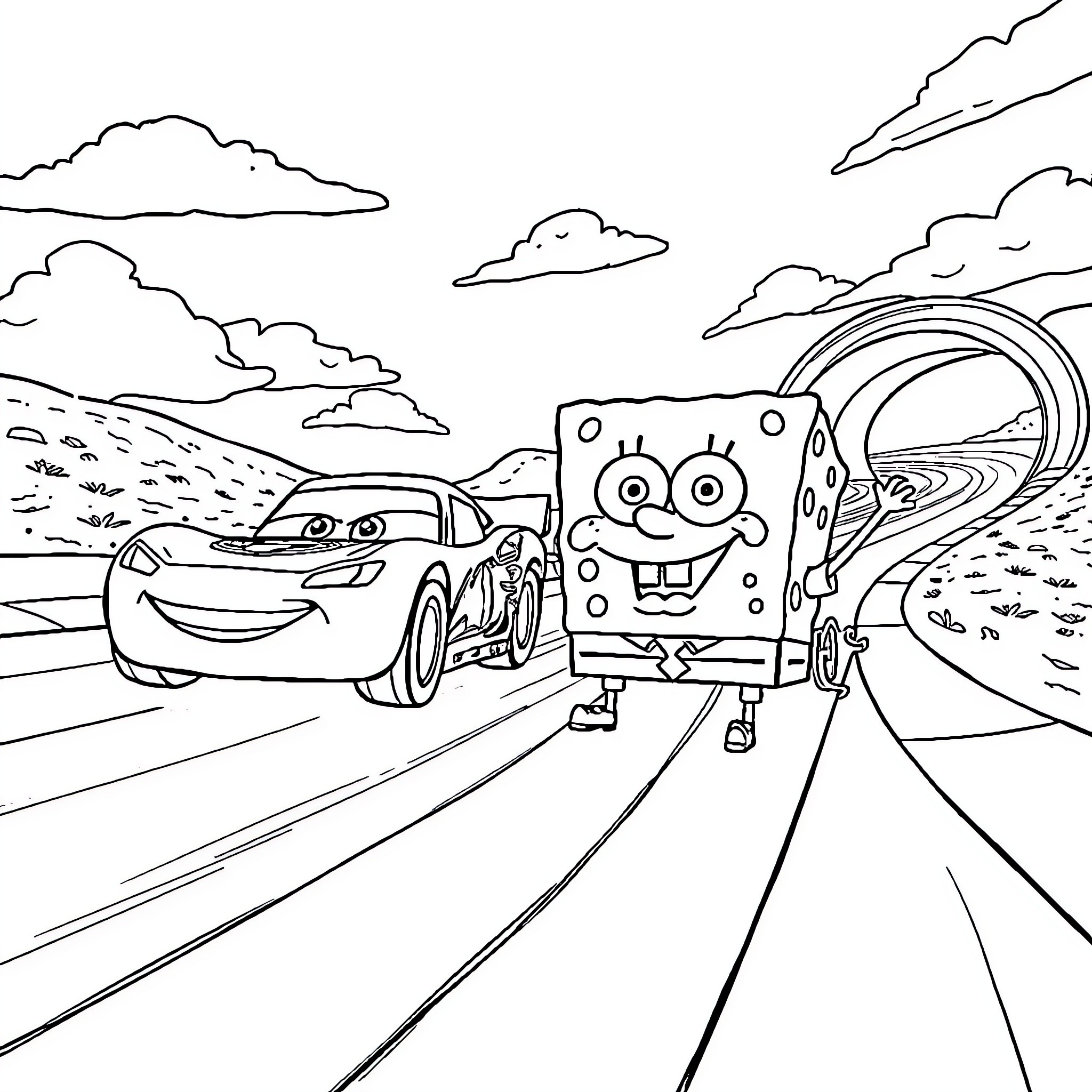Lightning McQueen racing with SpongeBob SquarePants Coloring Page (free black-and-white line drawing printable PDF for all, from beginners to advanced learners, including children, teens, adults, and seniors)