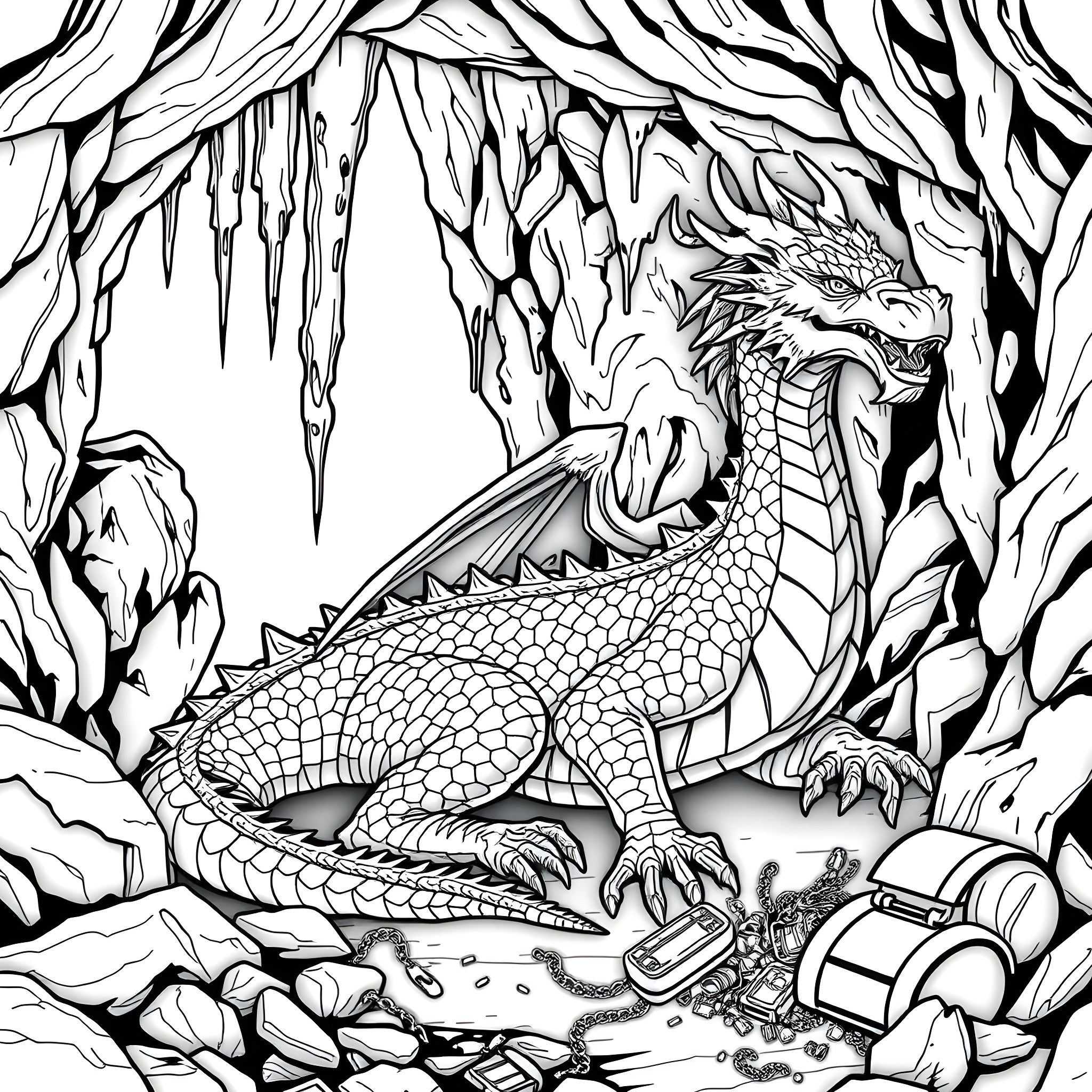 Dragon Guarding Its Treasure in a Mysterious Cave Coloring Page (free black-and-white line drawing printable PDF for all, from beginners to advanced learners, including children, teens, adults, and seniors)