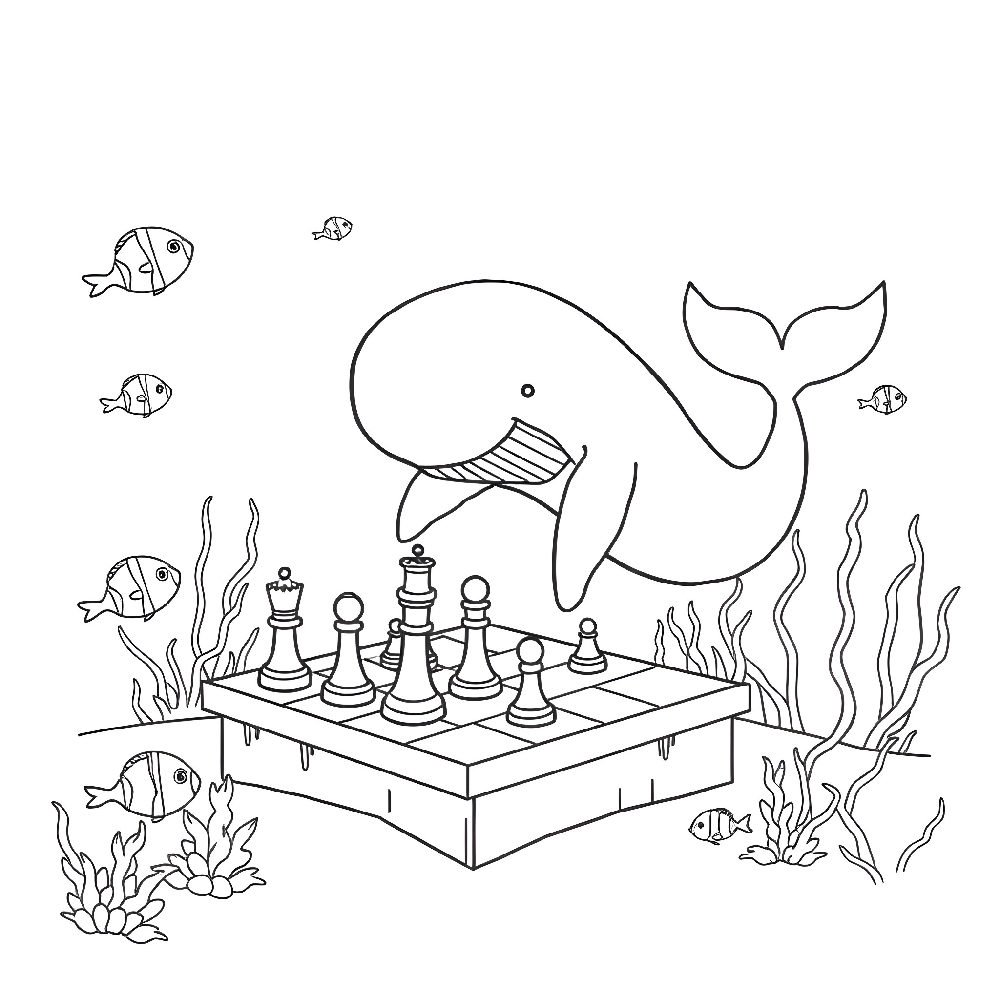 Whale playing chess with fish under the sea Coloring Page (free black-and-white line drawing printable PDF for all, from beginners to advanced learners, including children, teens, adults, and seniors)