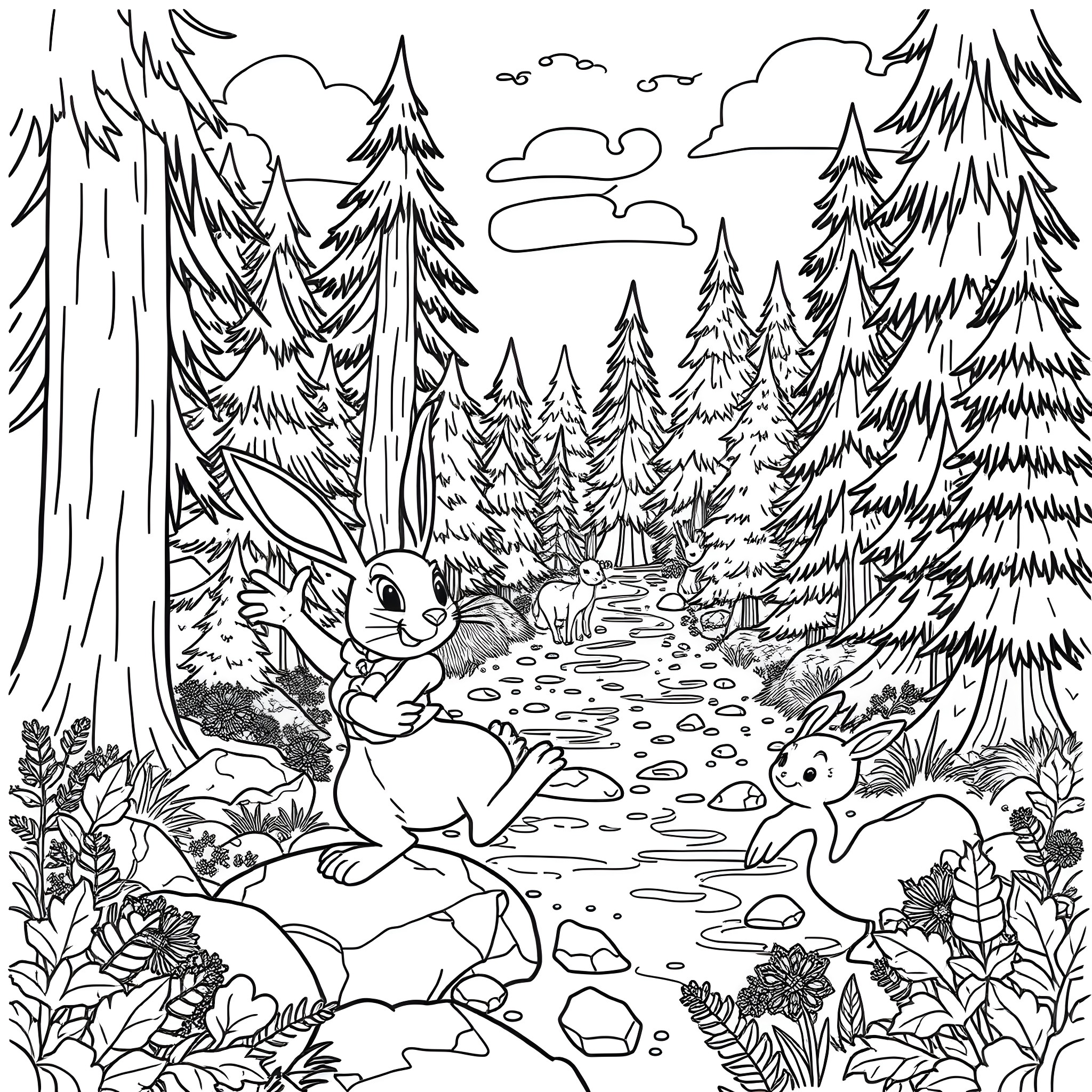 Bunnies frolicking in the woodland landscape Coloring Page (free black-and-white line drawing printable PDF for all, from beginners to advanced learners, including children, teens, adults, and seniors)