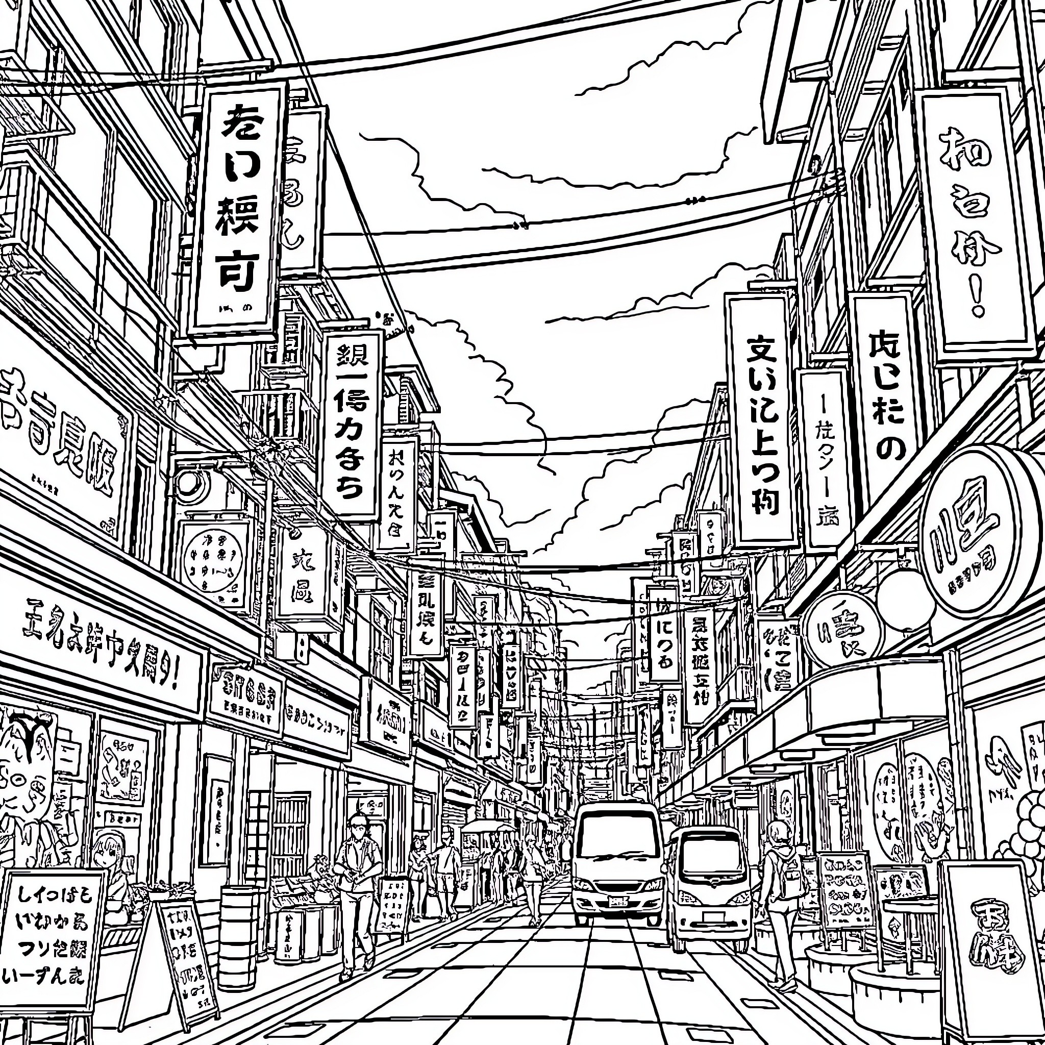 Downtown bustling with busy shops and streets Coloring Page (free black-and-white line drawing printable PDF for all, from beginners to advanced learners, including children, teens, adults, and seniors)