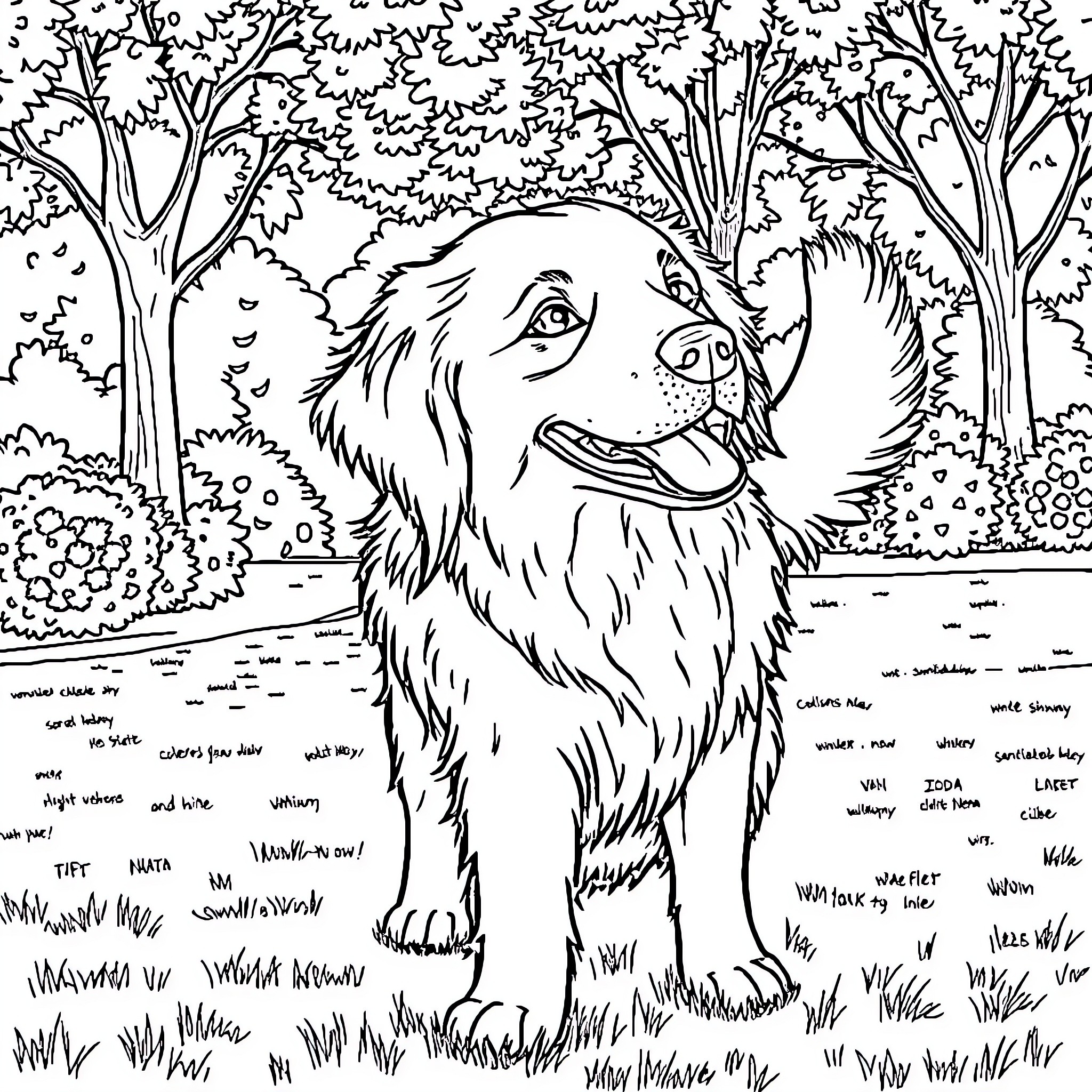 Golden Retriever Exploring the Lush Woodland Coloring Page (free black-and-white line drawing printable PDF for all, from beginners to advanced learners, including children, teens, adults, and seniors)