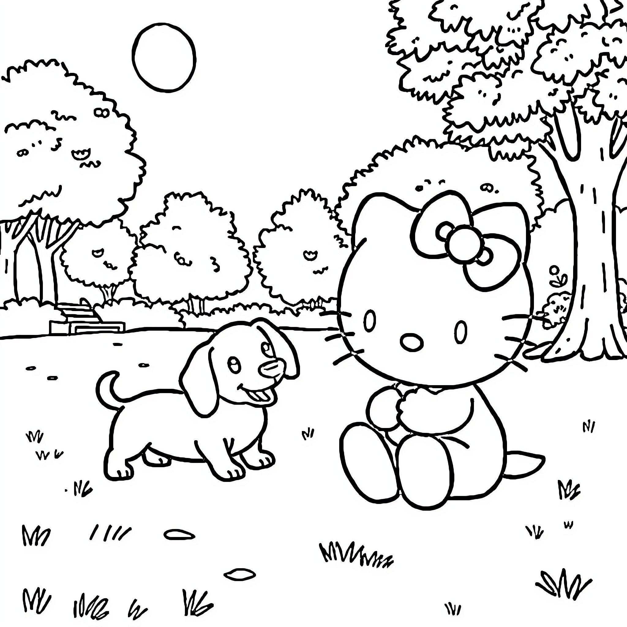 Hello Kitty playing with puppy in the forest Coloring Page (free black-and-white line drawing printable PDF for all, from beginners to advanced learners, including children, teens, adults, and seniors)