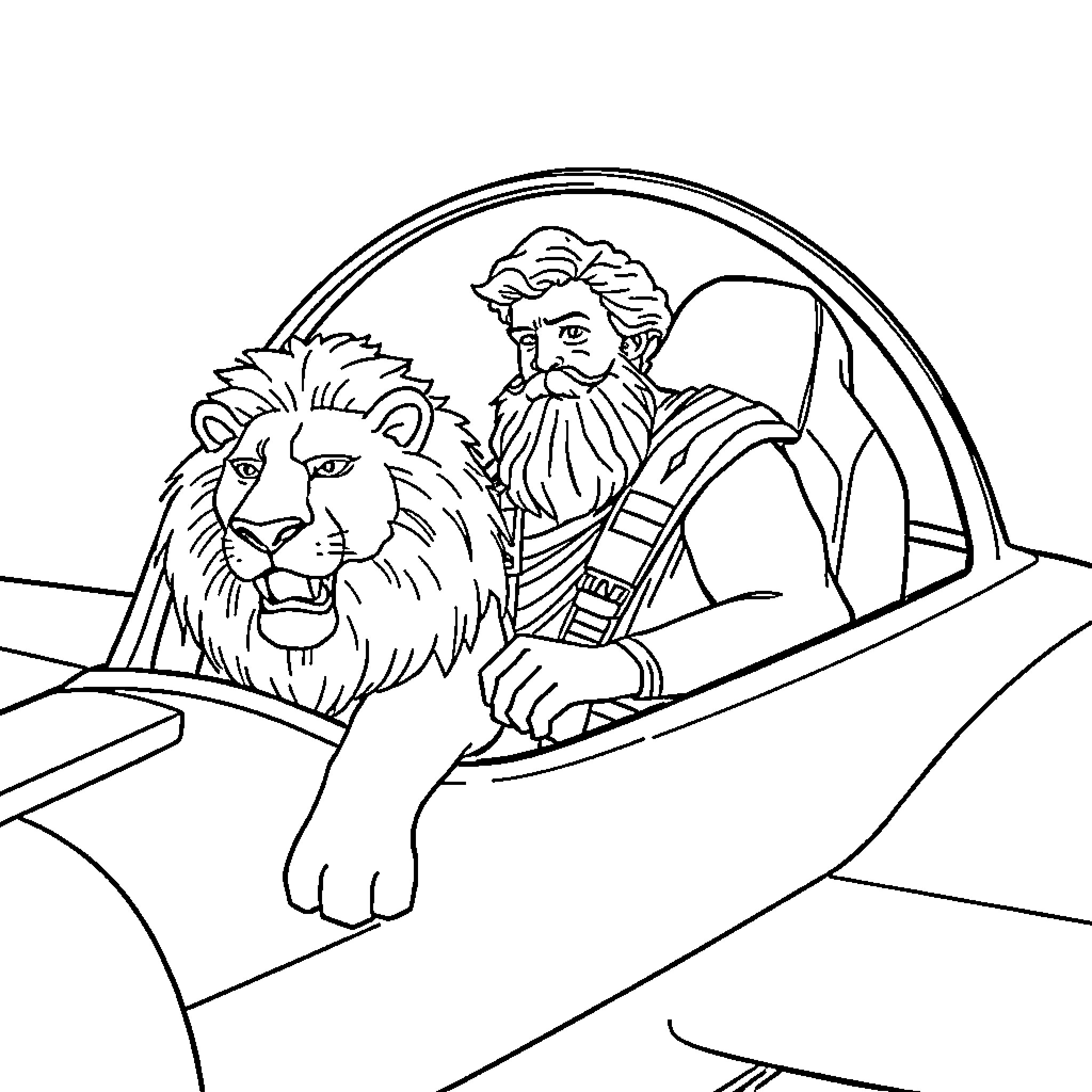 Thucydides Rides with a Lion through Rugged Terrain Coloring Page (free black-and-white line drawing printable PDF for all, from beginners to advanced learners, including children, teens, adults, and seniors)