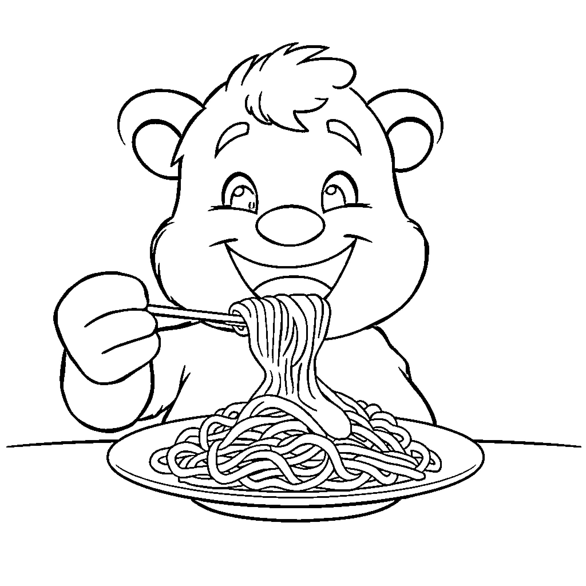 Labubu enjoying a delicious plate of spaghetti Coloring Page (free black-and-white line drawing printable PDF for all, from beginners to advanced learners, including children, teens, adults, and seniors)