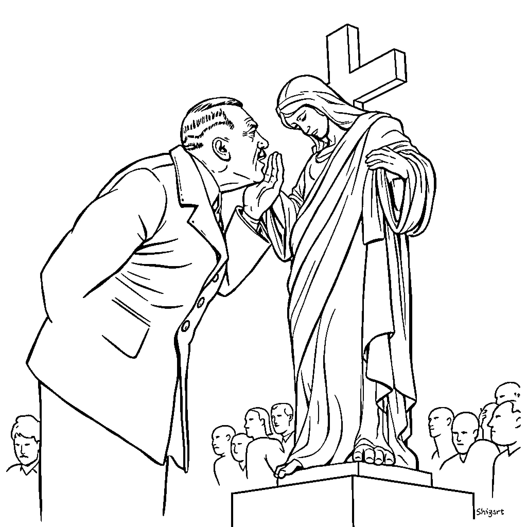 Adolf Hitler in religious discussion with woman holding crucifix Coloring Page (free black-and-white line drawing printable PDF for all, from beginners to advanced learners, including children, teens, adults, and seniors)