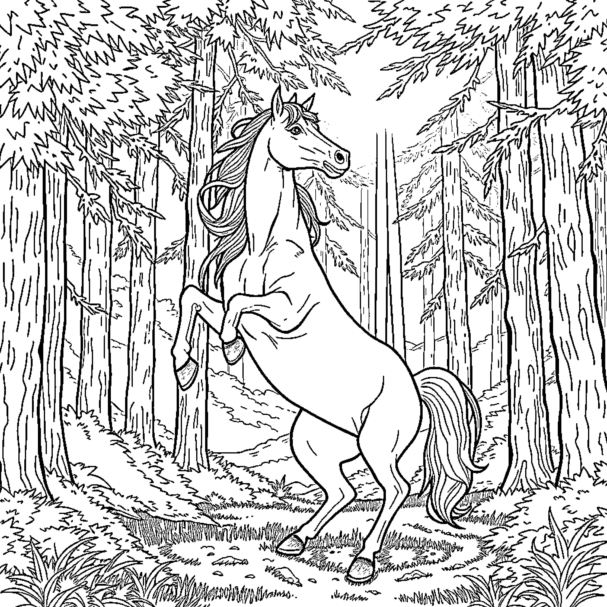Horse running through the enchanted forest Coloring Page (free black-and-white line drawing printable PDF for all, from beginners to advanced learners, including children, teens, adults, and seniors)