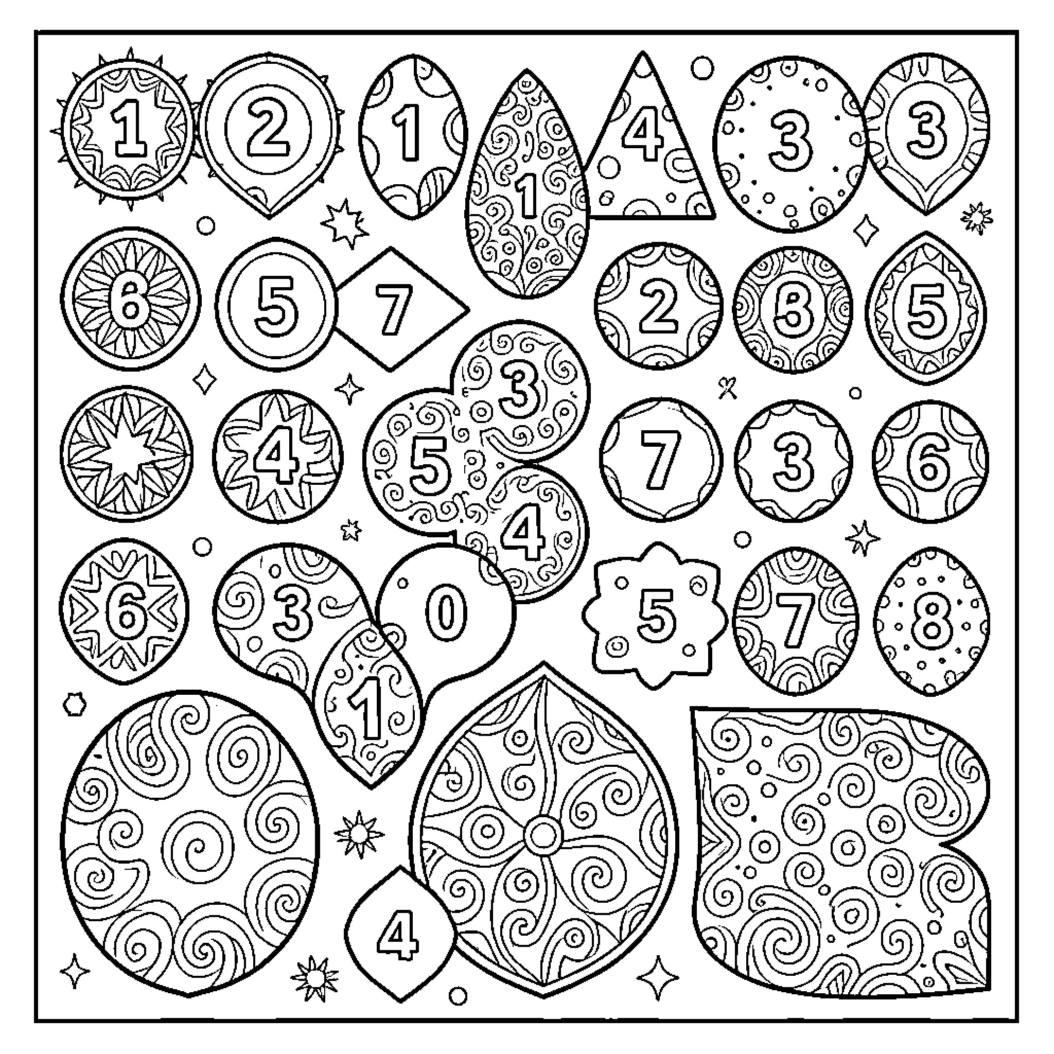 Color and Number patterned shapes with various digits Coloring Page (free black-and-white line drawing printable PDF for all, from beginners to advanced learners, including children, teens, adults, and seniors)