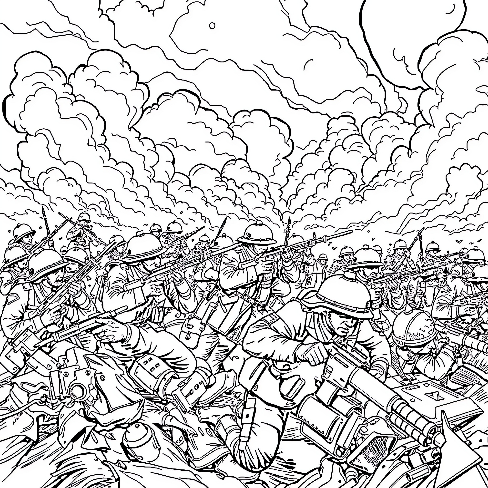War Amid Chaos of Clashing Armies and Explosions Coloring Page (free black-and-white line drawing printable PDF for all, from beginners to advanced learners, including children, teens, adults, and seniors)