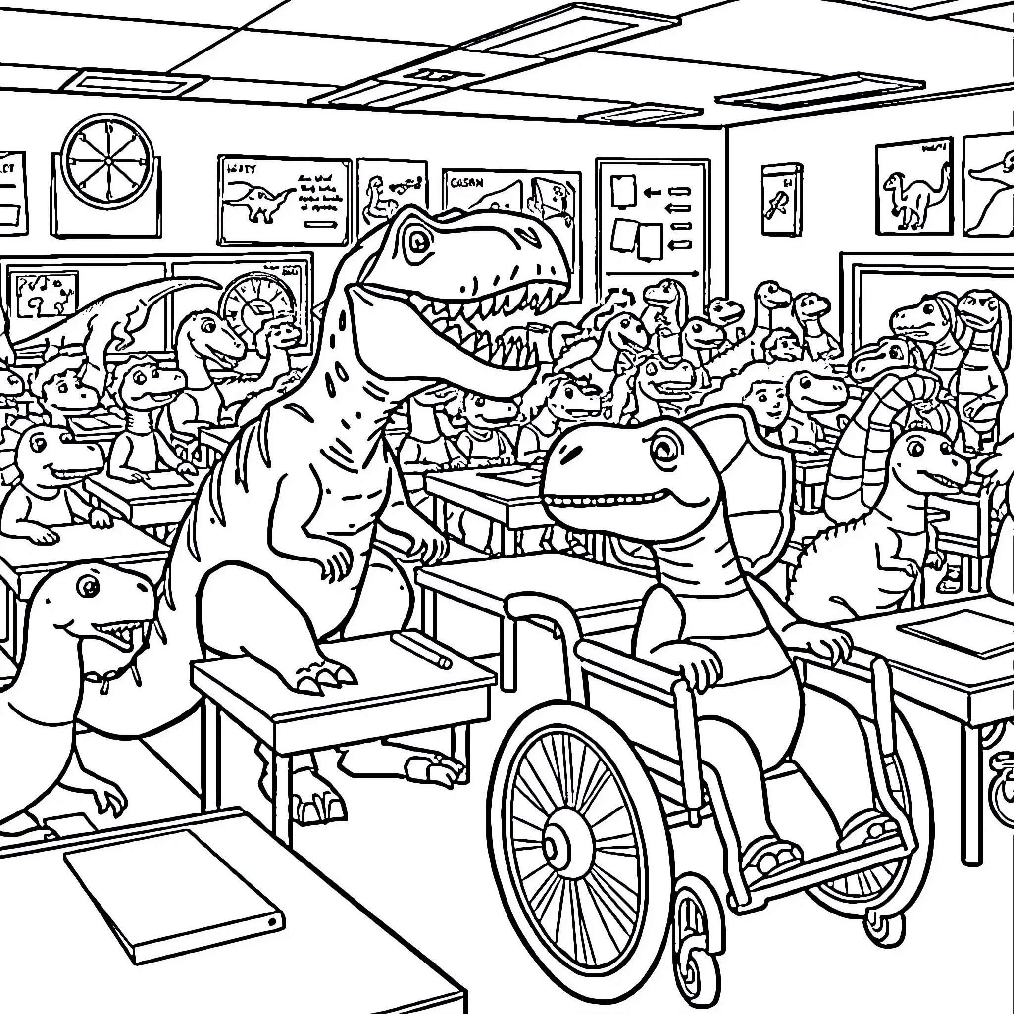 Dinosaur Classroom Chaos: Prehistoric Creatures in an Unconventional Setting Coloring Page (free black-and-white line drawing printable PDF for all, from beginners to advanced learners, including children, teens, adults, and seniors)