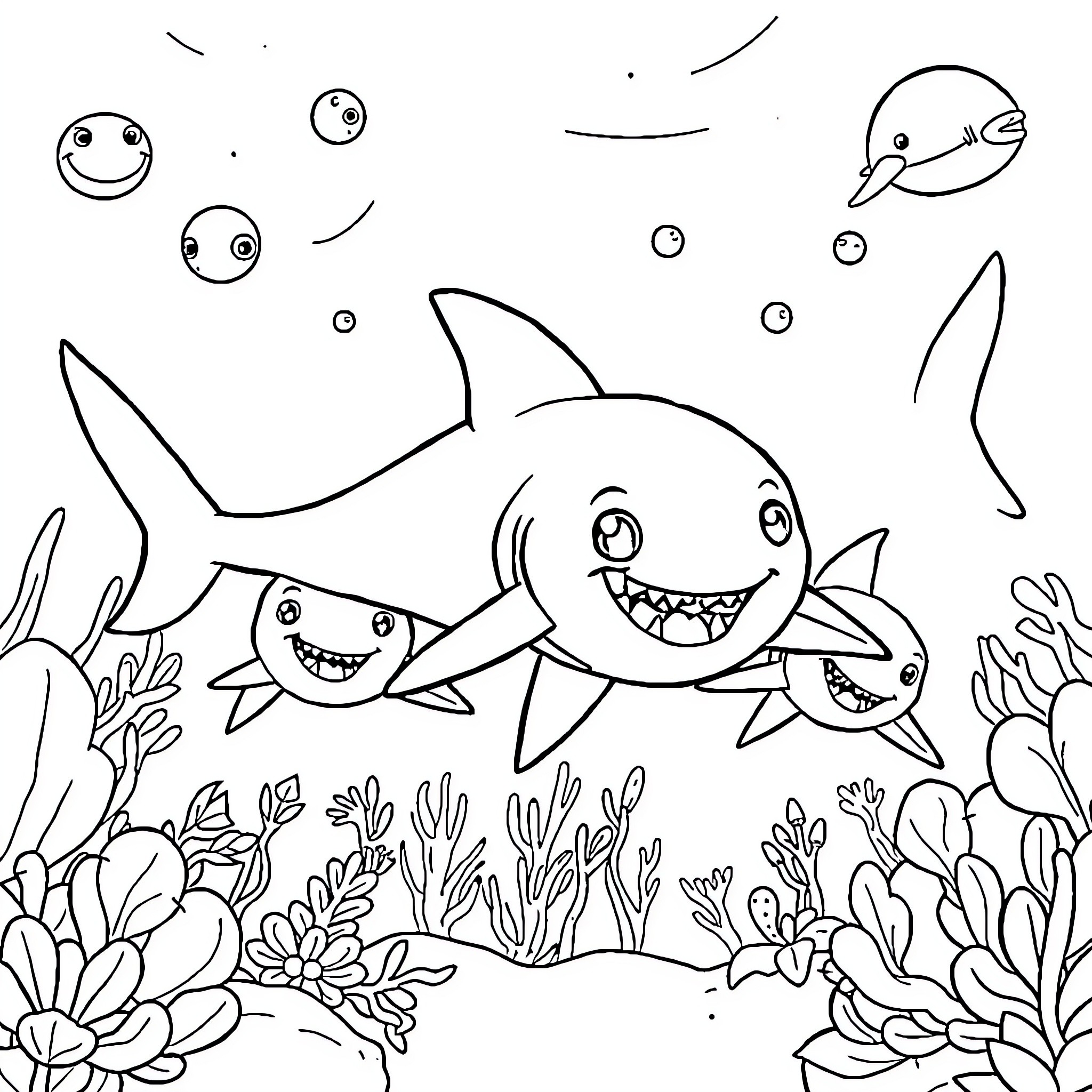 Shark Family Playing Joyfully in Underwater Garden Coloring Page (free black-and-white line drawing printable PDF for all, from beginners to advanced learners, including children, teens, adults, and seniors)