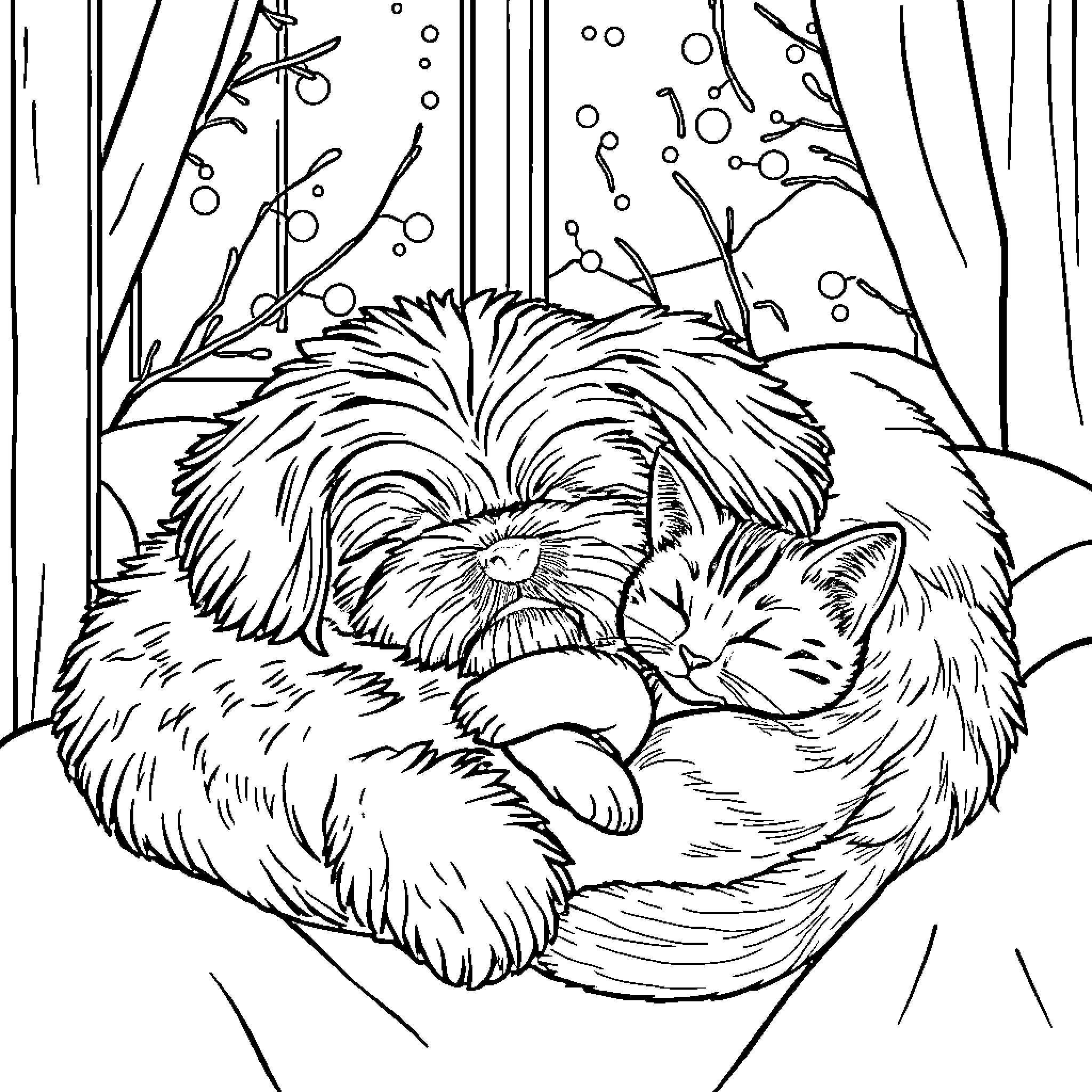 Shih Tzu cozy in a snowy den Coloring Page (free black-and-white line drawing printable PDF for all, from beginners to advanced learners, including children, teens, adults, and seniors)