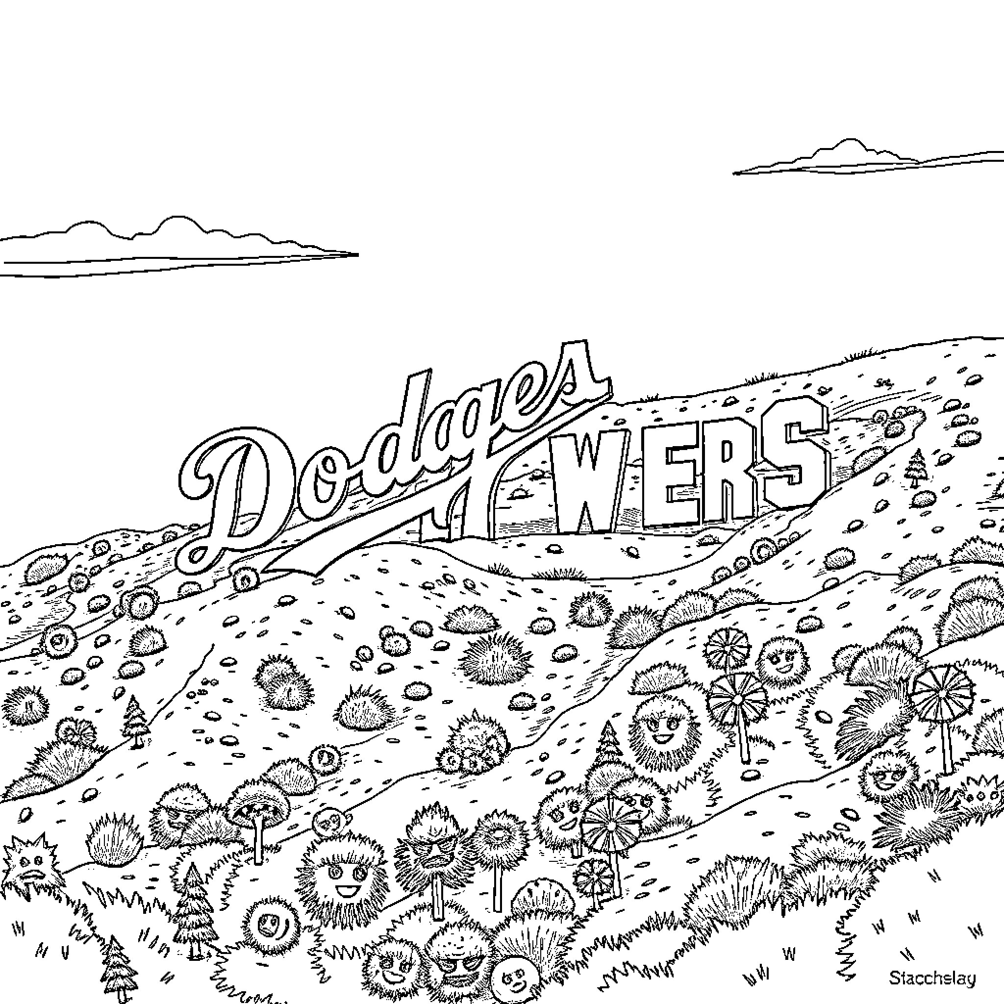 Dodgers fans enjoying an outdoor game Coloring Page (free black-and-white line drawing printable PDF for all, from beginners to advanced learners, including children, teens, adults, and seniors)