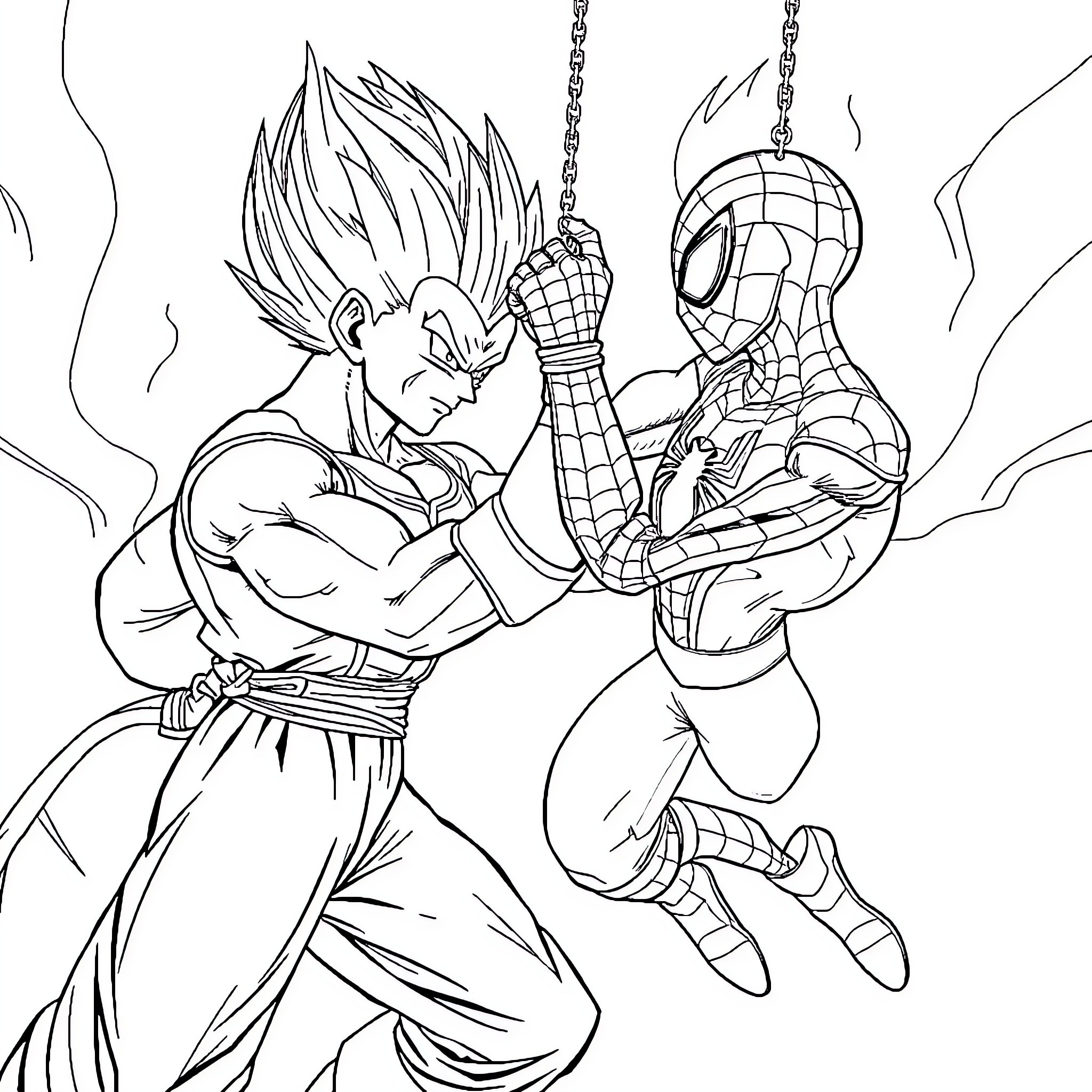 Vegeta battles with Spider-Man in epic showdown Coloring Page (free black-and-white line drawing printable PDF for all, from beginners to advanced learners, including children, teens, adults, and seniors)