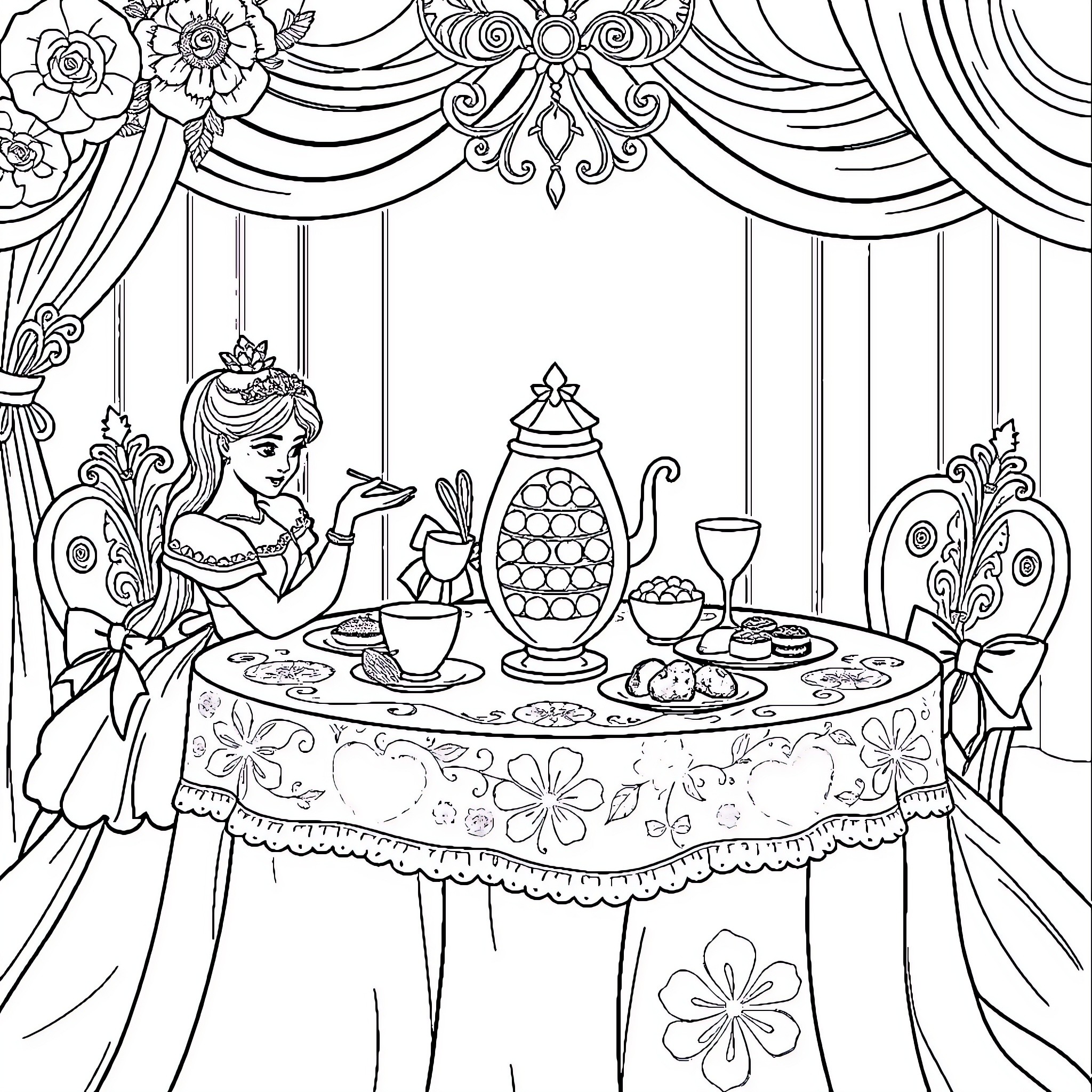 Princess enjoying a tea party in a lavish setting Coloring Page (free black-and-white line drawing printable PDF for all, from beginners to advanced learners, including children, teens, adults, and seniors)