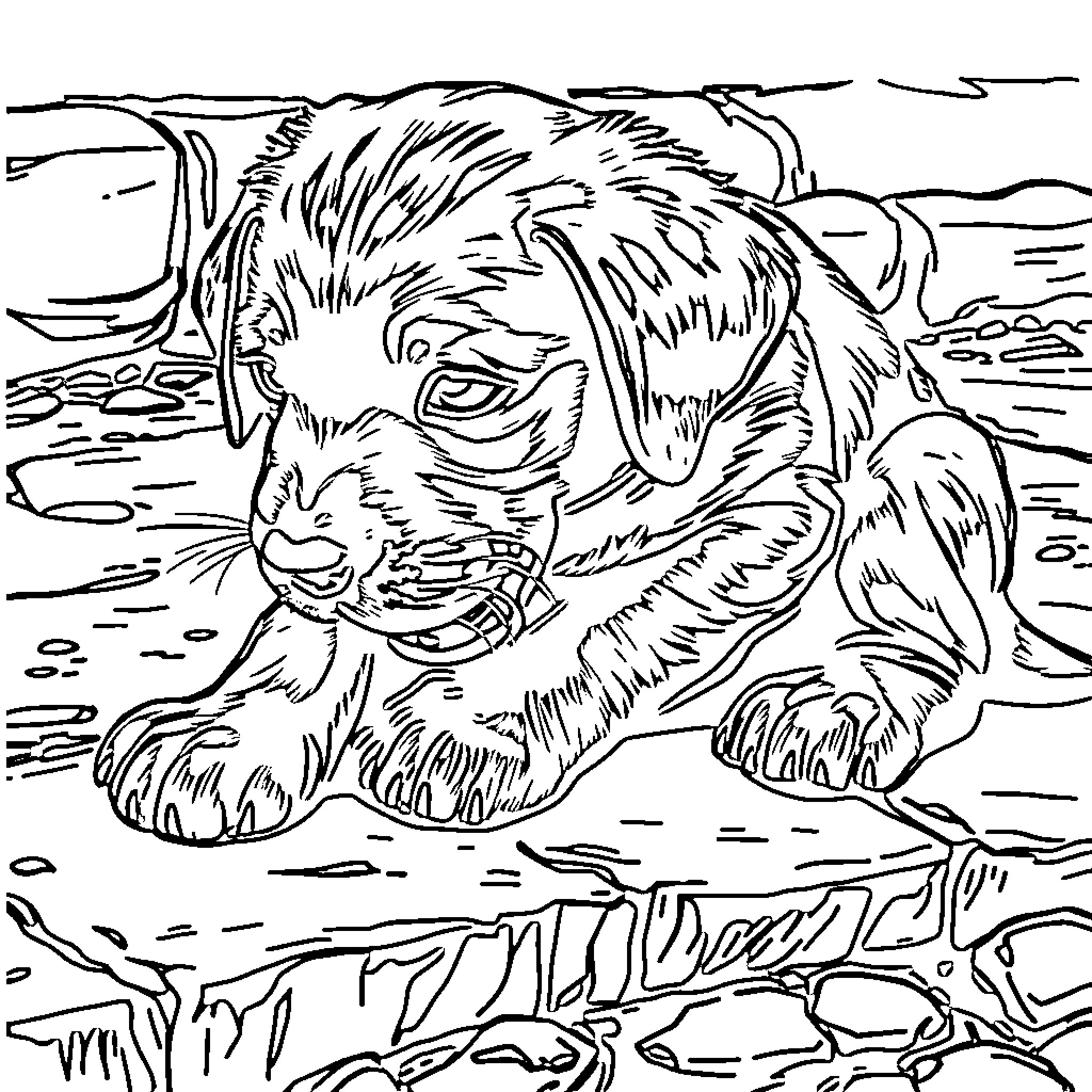 Labrador playing in the water Coloring Page (free black-and-white line drawing printable PDF for all, from beginners to advanced learners, including children, teens, adults, and seniors)