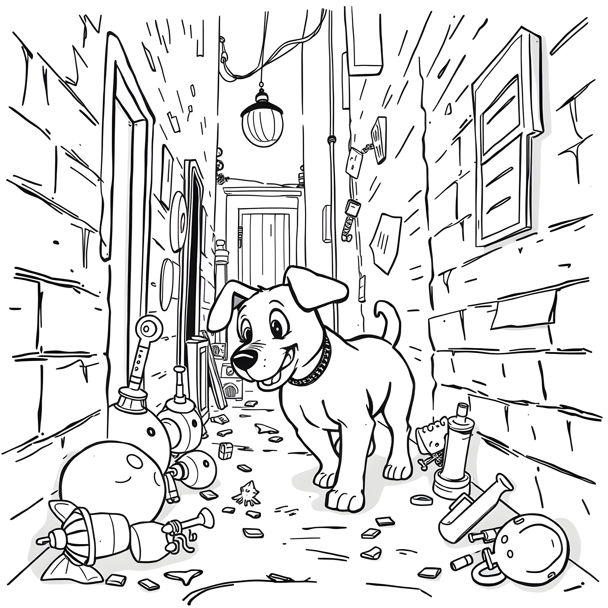 Bluey's Messy Adventure in a Cluttered Alley Coloring Page (free black-and-white line drawing printable PDF for all, from beginners to advanced learners, including children, teens, adults, and seniors)