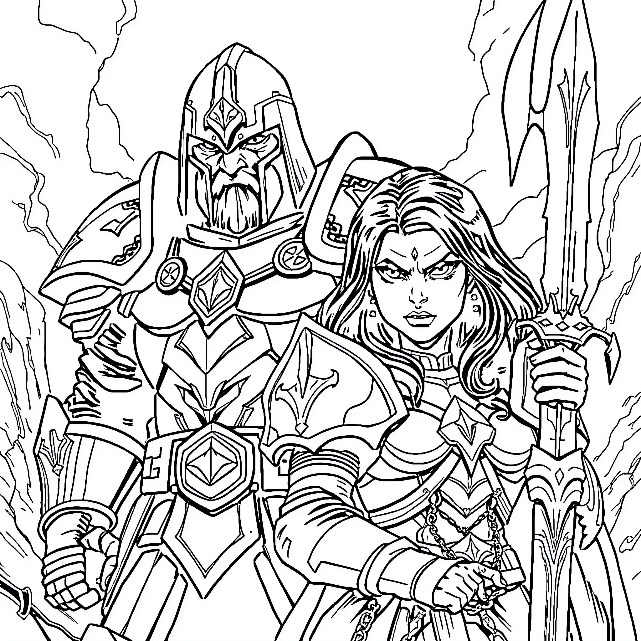 Doom Slayer's Heroic Standoff Against Formidable Adversaries Coloring Page (free black-and-white line drawing printable PDF for all, from beginners to advanced learners, including children, teens, adults, and seniors)