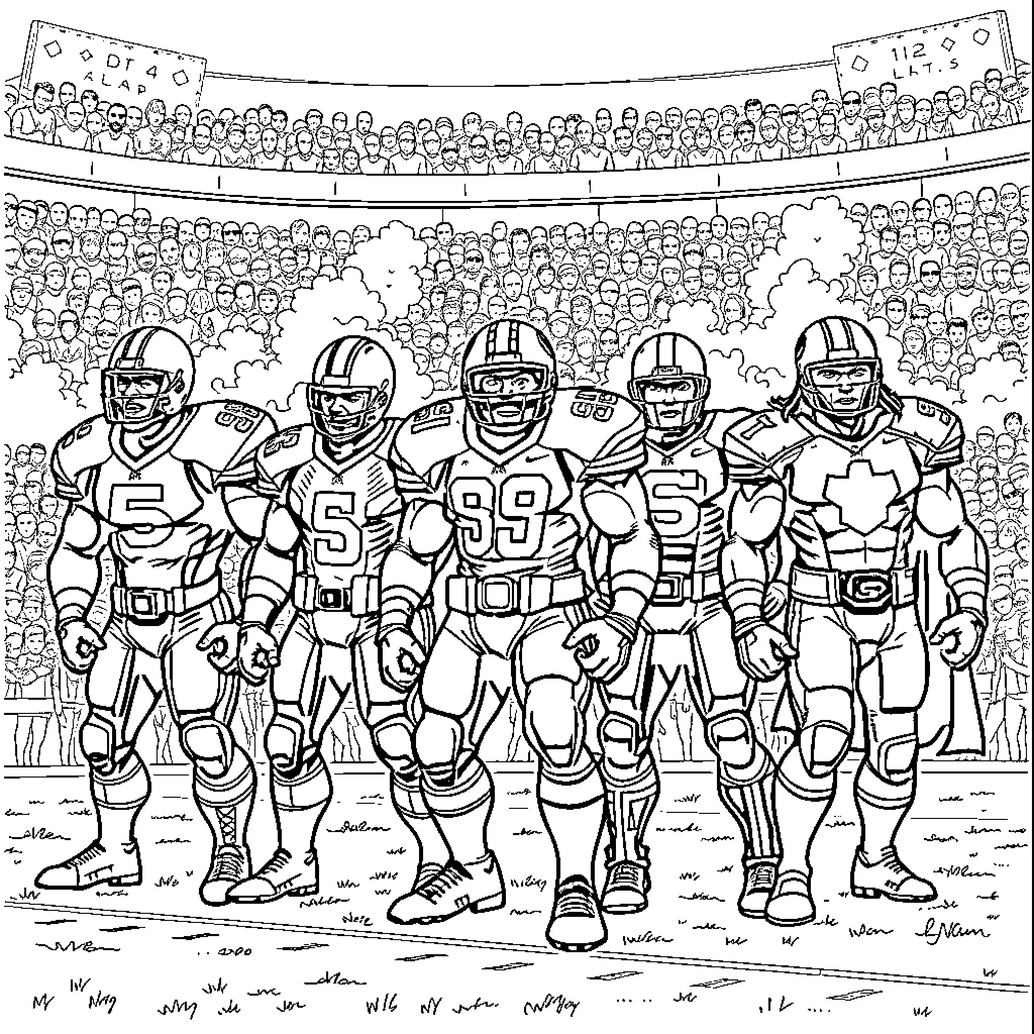 Marvel American Football Players on the Field Coloring Page (free black-and-white line drawing printable PDF for all, from beginners to advanced learners, including children, teens, adults, and seniors)