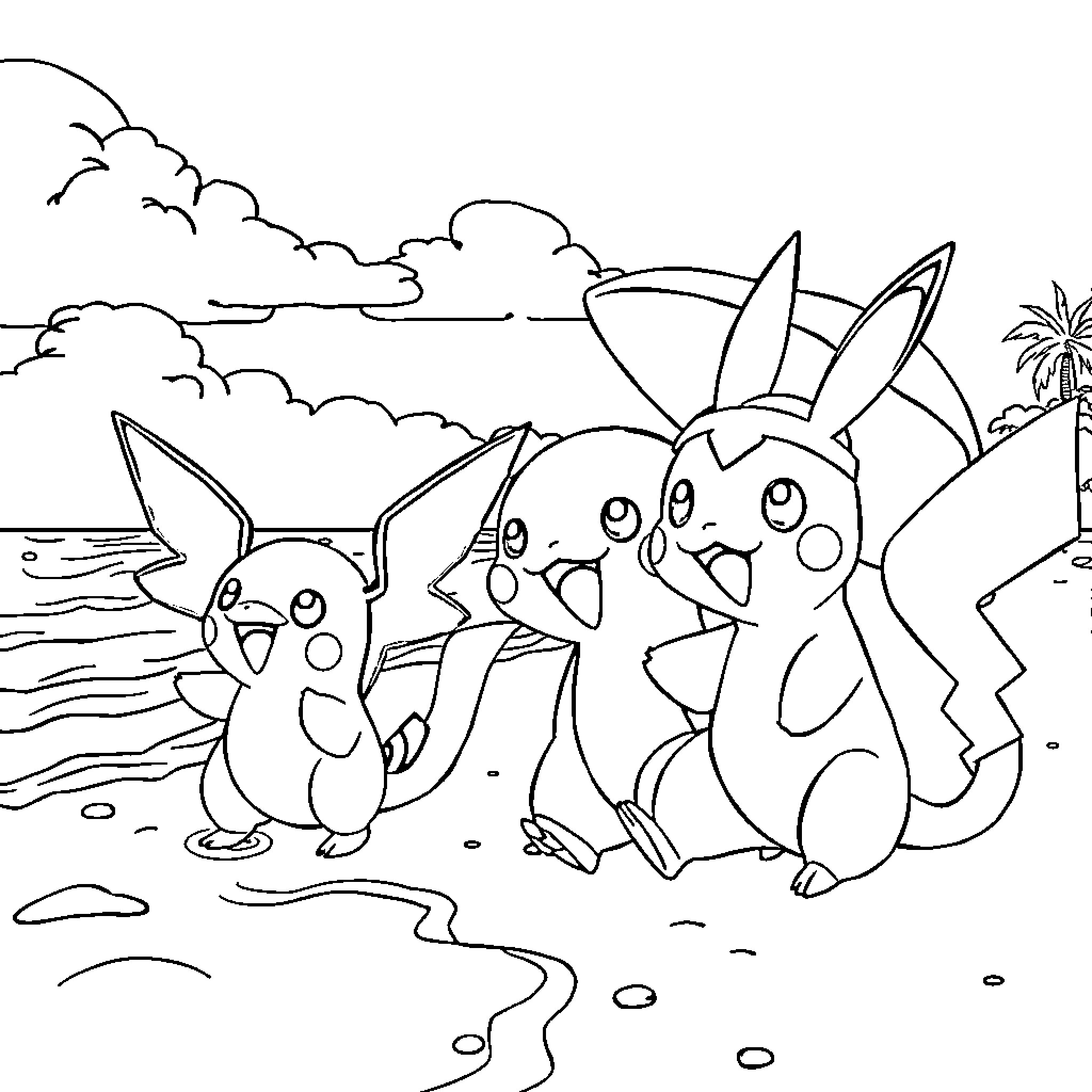 Pokémon characters playing and exploring at the beach Coloring Page (free black-and-white line drawing printable PDF for all, from beginners to advanced learners, including children, teens, adults, and seniors)