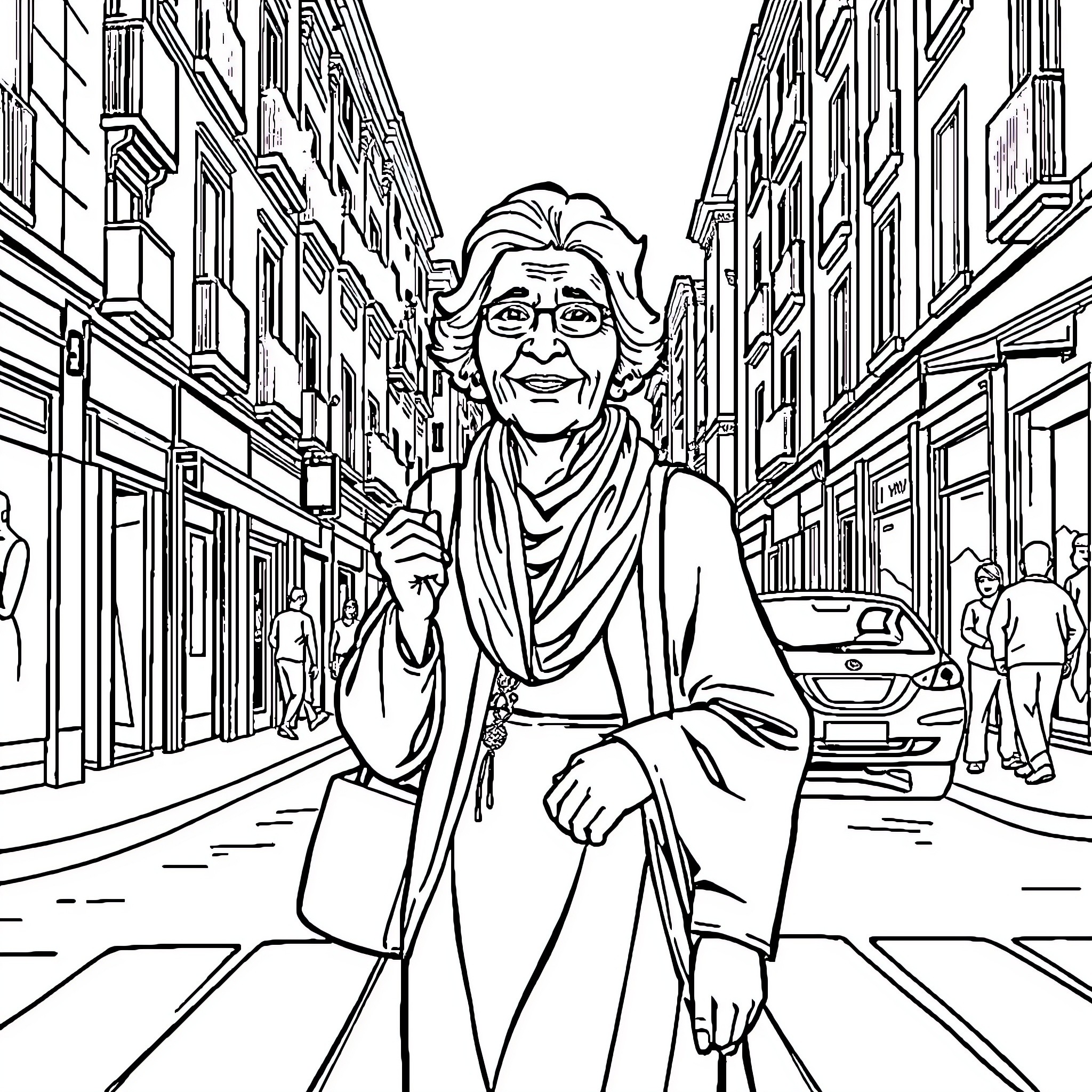 Woman walking confidently through a city street Coloring Page (free black-and-white line drawing printable PDF for all, from beginners to advanced learners, including children, teens, adults, and seniors)