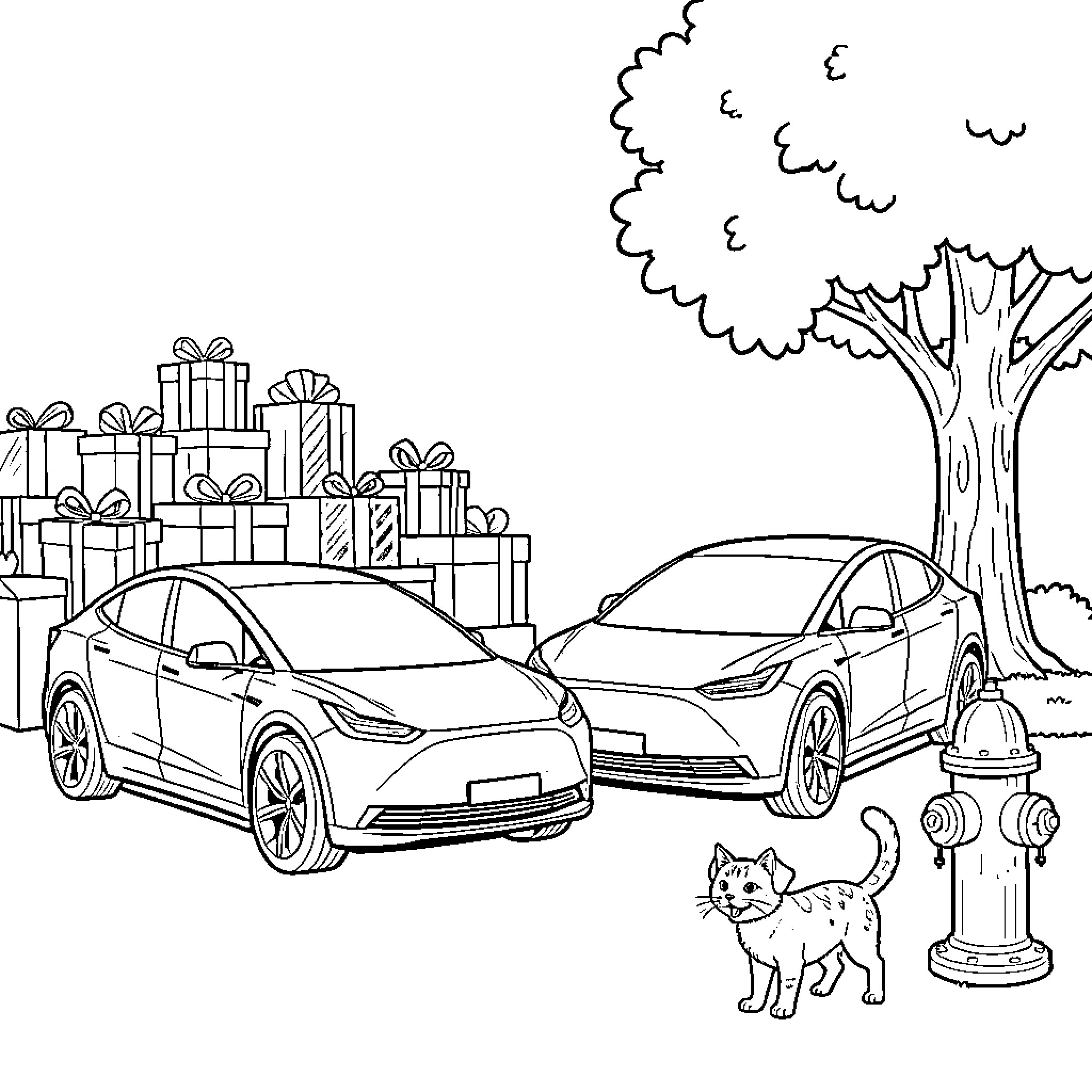 Tesla vehicles surrounded by festive gifts and a curious cat Coloring Page (free black-and-white line drawing printable PDF for all, from beginners to advanced learners, including children, teens, adults, and seniors)