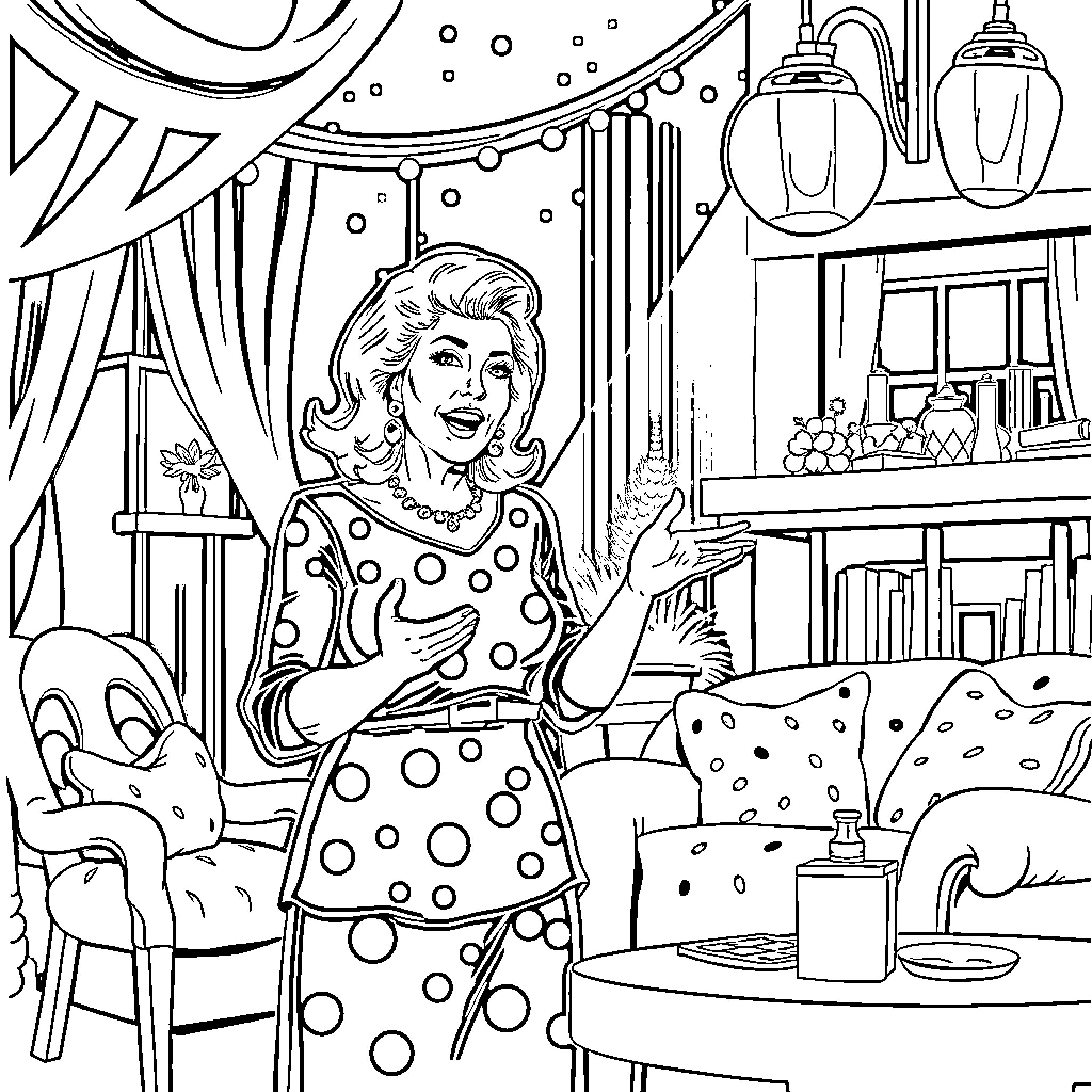Cybill Shepherd in a playful and whimsical setting Coloring Page (free black-and-white line drawing printable PDF for all, from beginners to advanced learners, including children, teens, adults, and seniors)