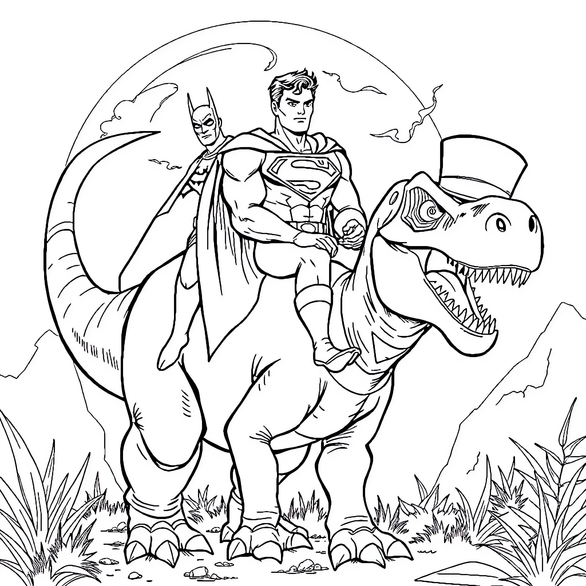 Dinosaur superhero duo in adventurous scene Coloring Page (free black-and-white line drawing printable PDF for all, from beginners to advanced learners, including children, teens, adults, and seniors)